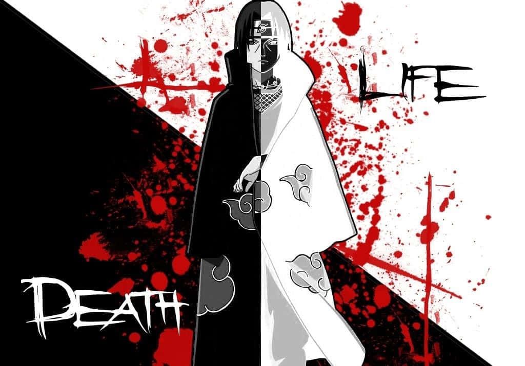 Itachi 桌布 壁紙 — 動漫角色從中間分開，黑色死亡側和白色生命側帶有紅色飛濺和粗體文字。