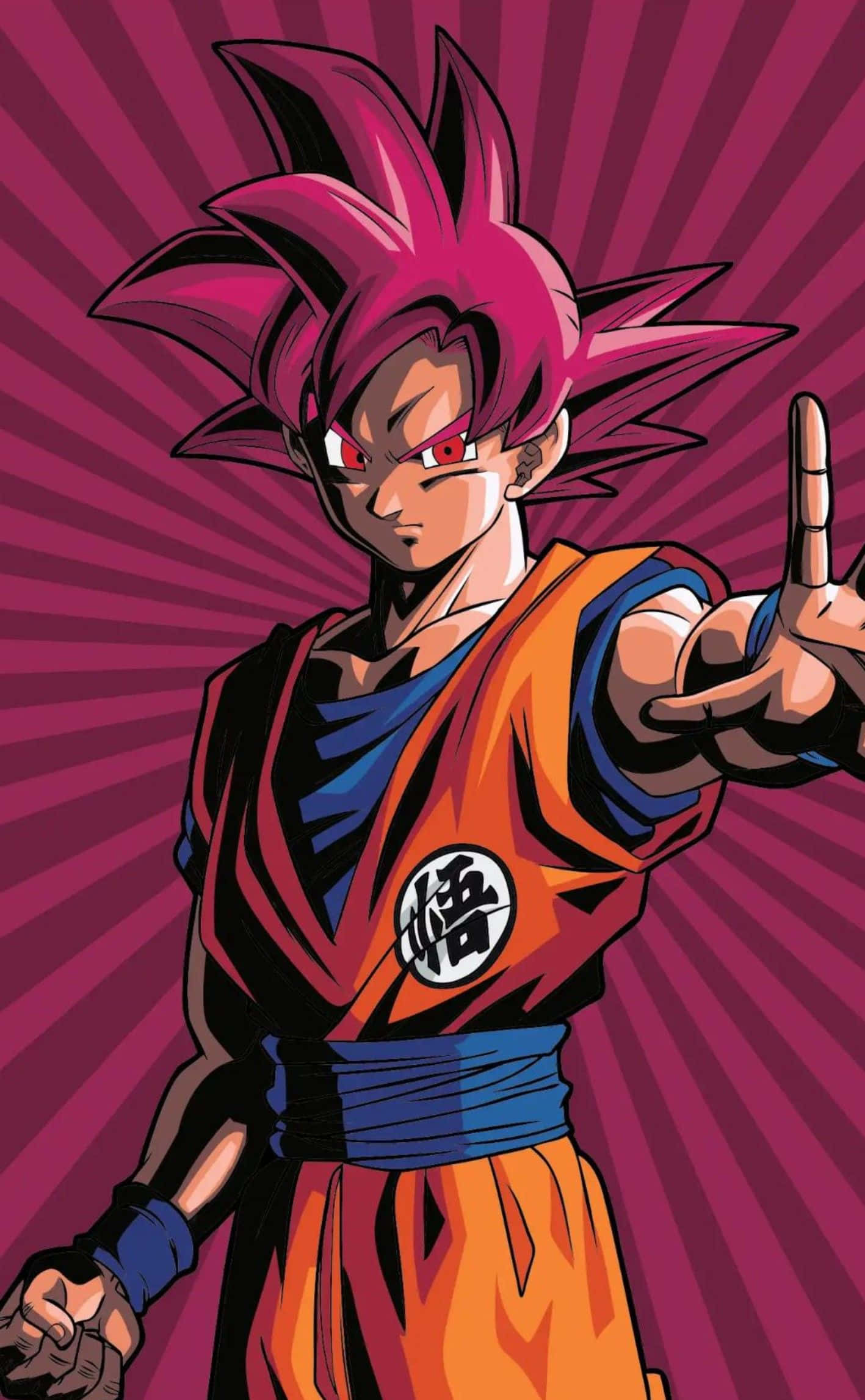Legendary Super Saiyan 桌布 壁紙 — 動漫角色悟空，粉紅色頭髮和紅色眼睛，在充滿活力的紫色放射狀背景前擺出強有力的姿勢。