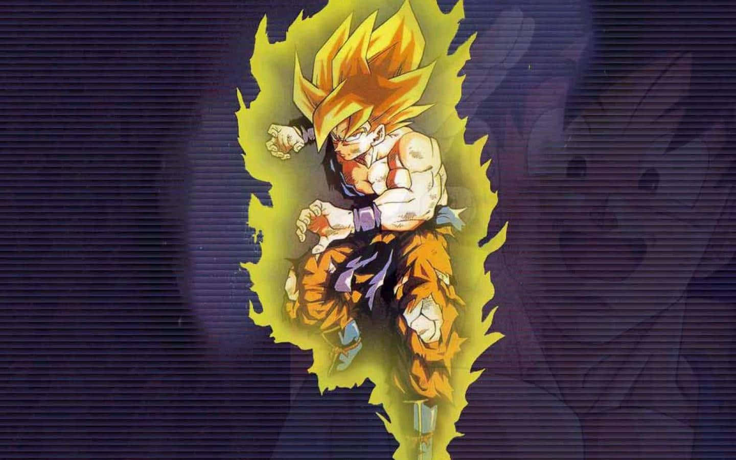 Saiyan 桌布 壁紙 — 動漫角色悟空以超級撒亞人形態，在深紫色背景下散發出強烈的黃色能量。