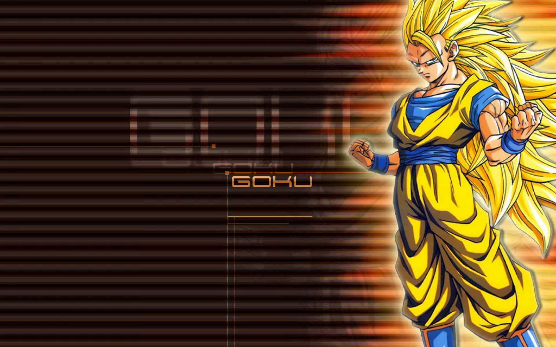 Dragon Ball Z Characters 桌布 壁紙 — 動漫角色悟空以超級賽亞人形態，在黑暗背景前散發熾熱橙色光芒，威風凜凜地站立。