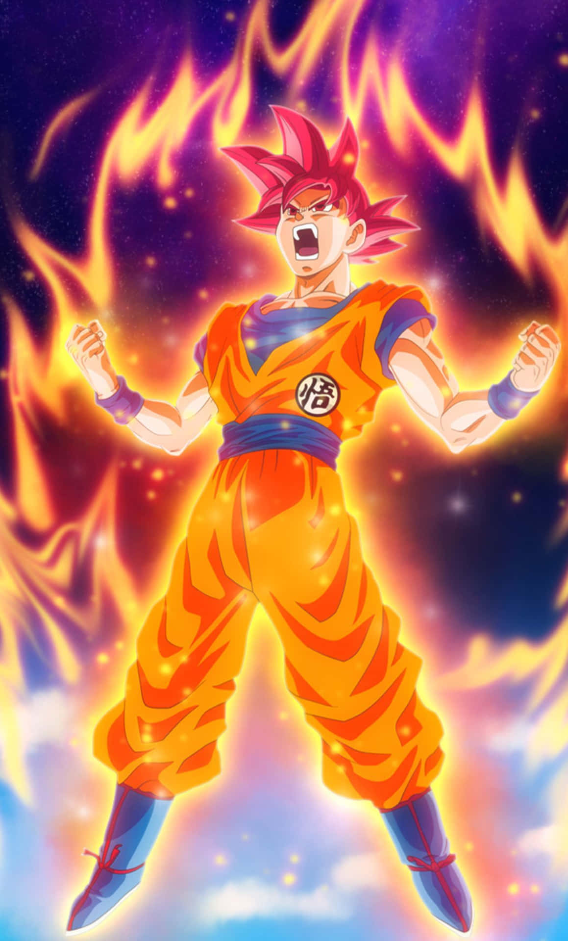 Dragon Ball iPhone 桌布 壁紙 — 動漫角色悟空以超級賽亞人神形態，在宇宙星空背景下，帶著熾熱氣場咆哮。