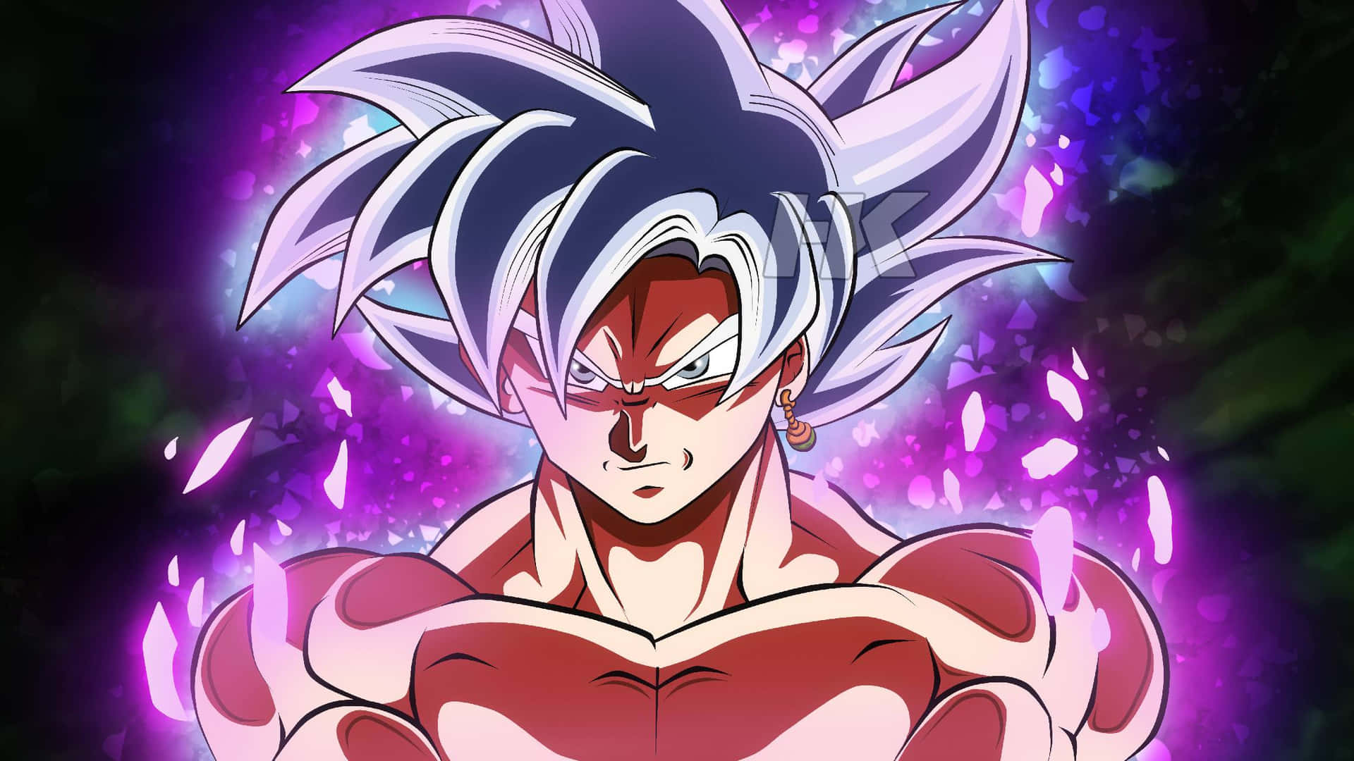 Mui Goku 桌布 壁紙 — 動漫角色悟空以超級賽亞人神形態呈現，擁有尖刺白髮和發光的紫色氣場，背景為宇宙。