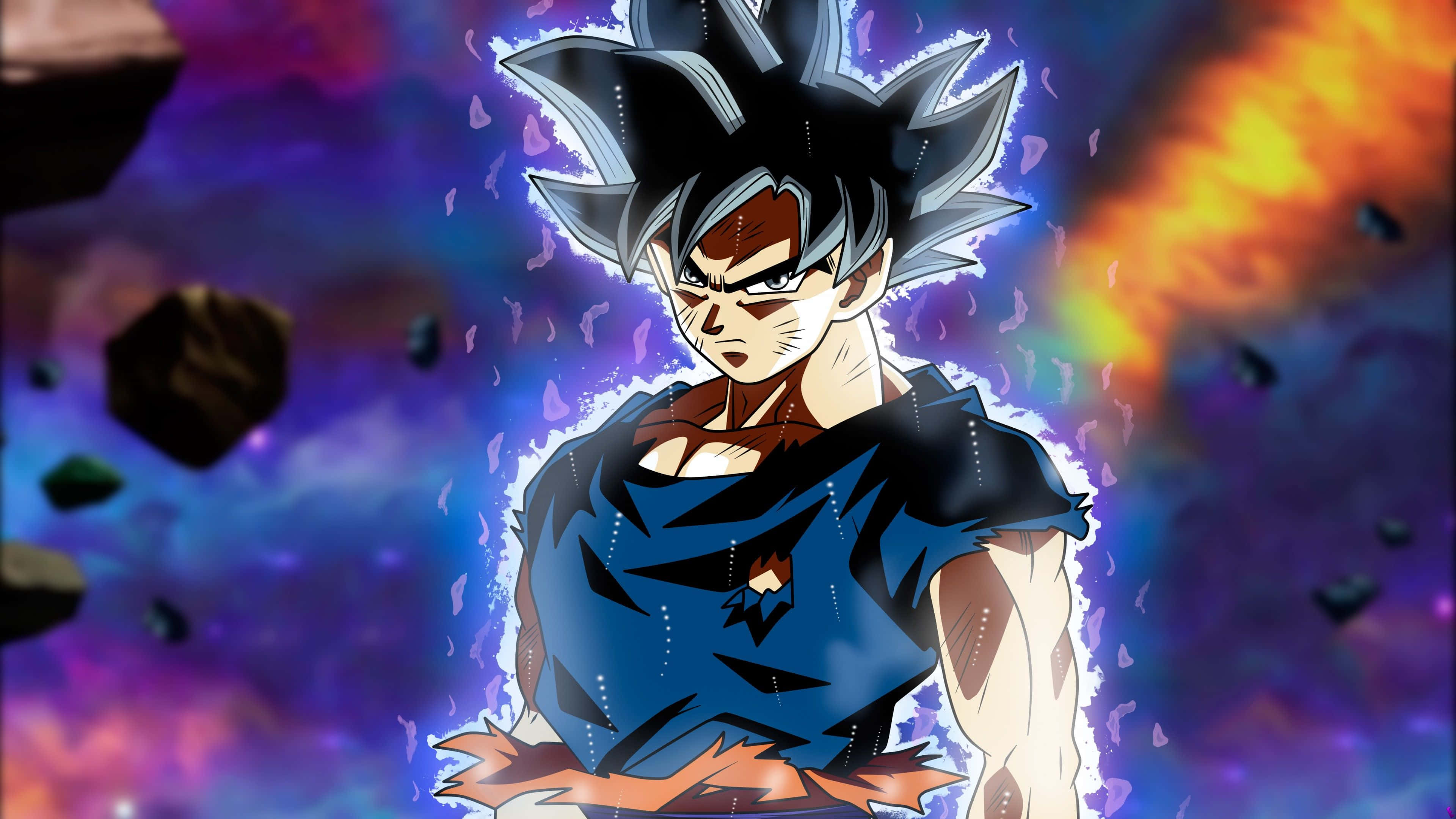 Dragon Ball Z Characters 桌布 壁紙 — 動漫角色悟空以超級賽亞人藍形態，在浮石與火焰星雲的宇宙背景下散發力量。