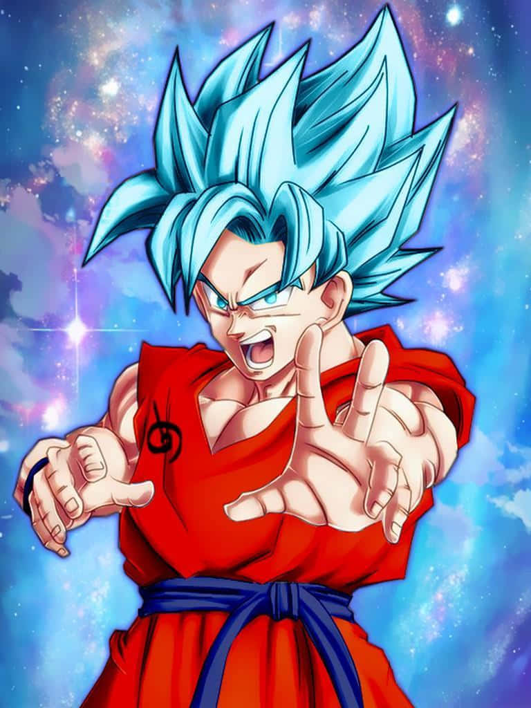 Super Saiyan Blue 桌布 壁紙 — 動漫角色悟空以超級賽亞人藍形態，雙拳向前，在充滿活力的宇宙星場背景下咆哮。