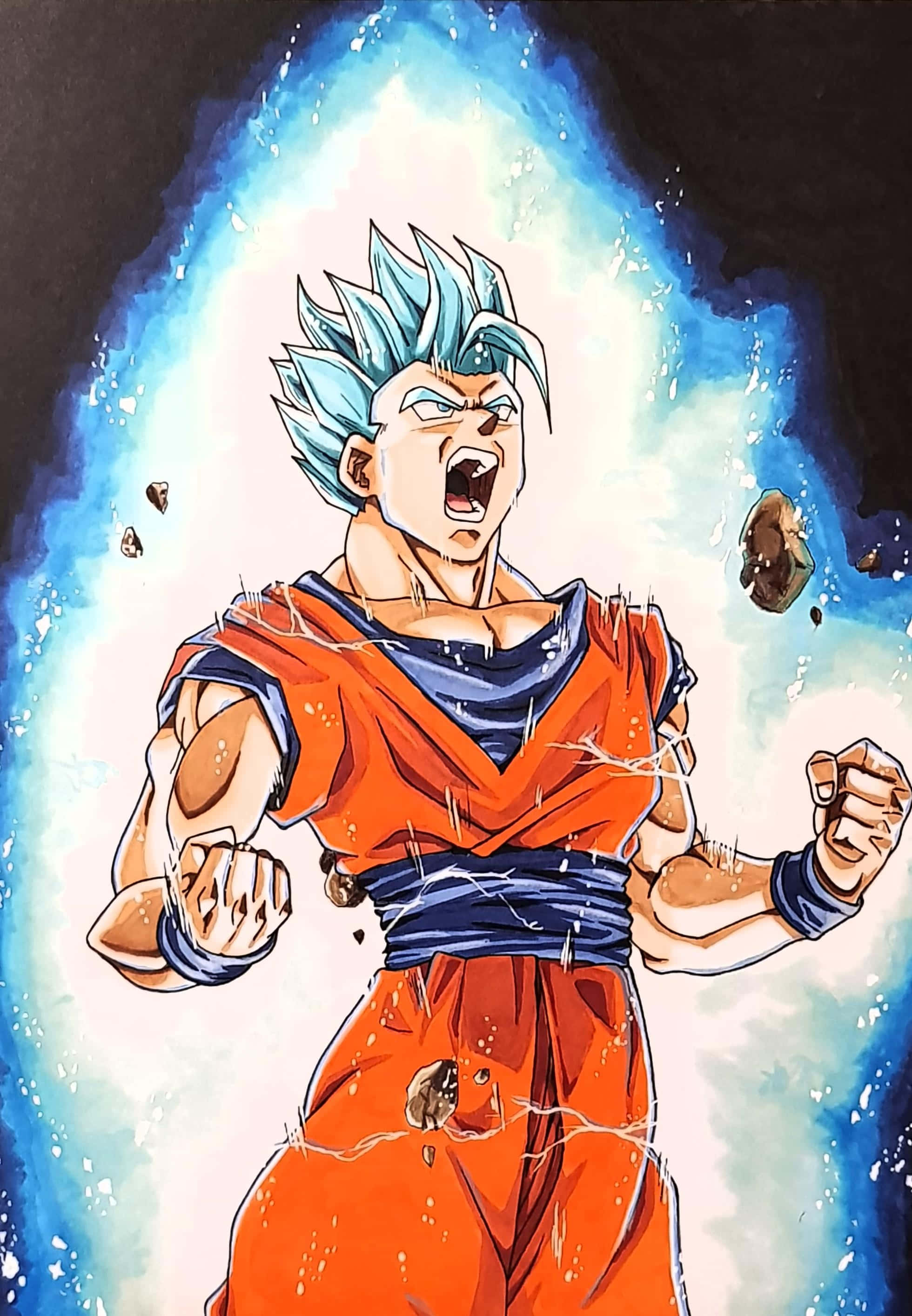 Super Saiyan Blue 桌布 壁紙 — 動漫角色悟空以超級賽亞人藍形態咆哮，拳頭緊握，被藍色能量光環和飛揚的碎片包圍。