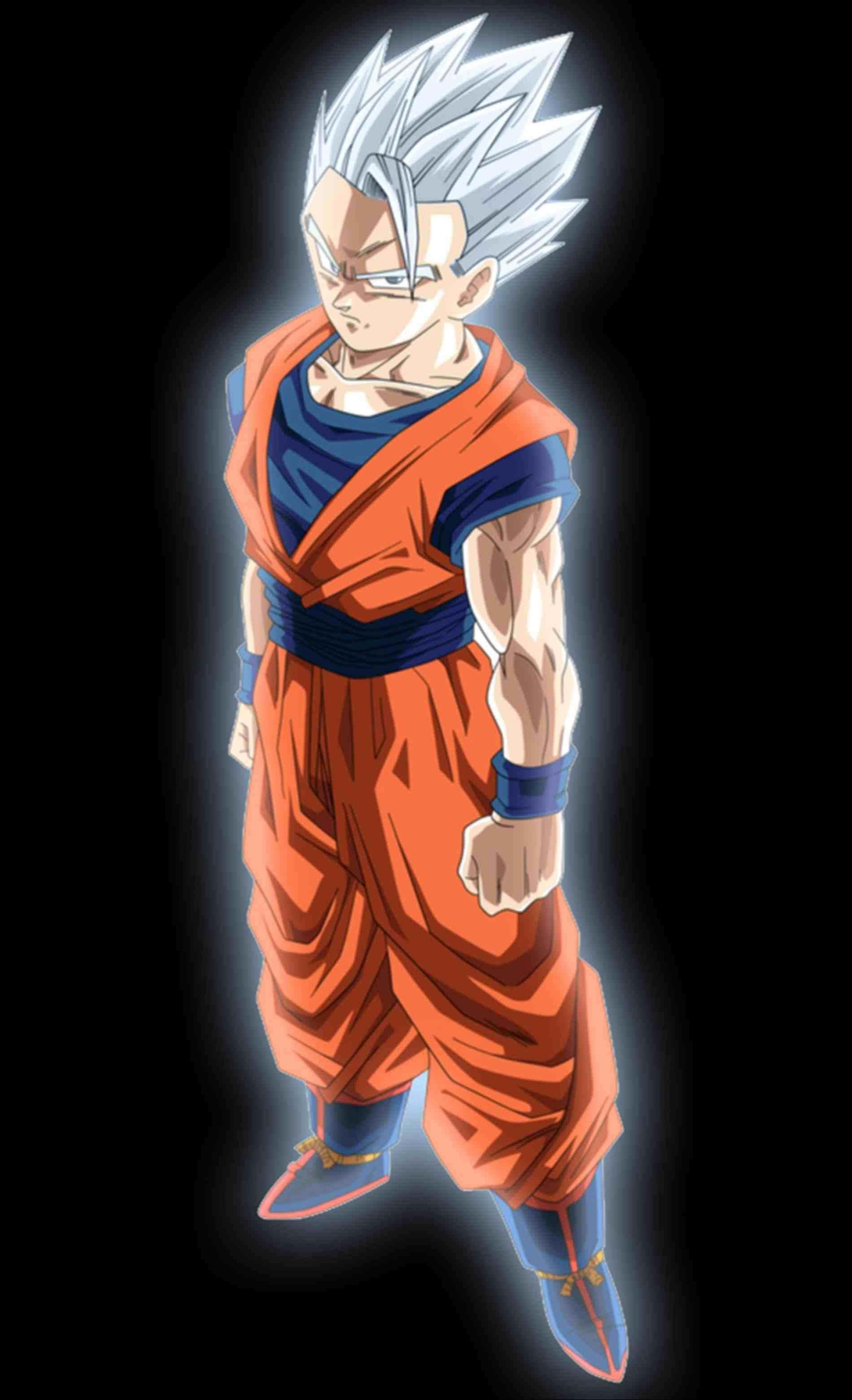 Mystic Gohan 桌布 壁紙 — 動漫角色悟空以超級賽亞人藍形態站在黑色背景前，散發光芒，表情強烈。
