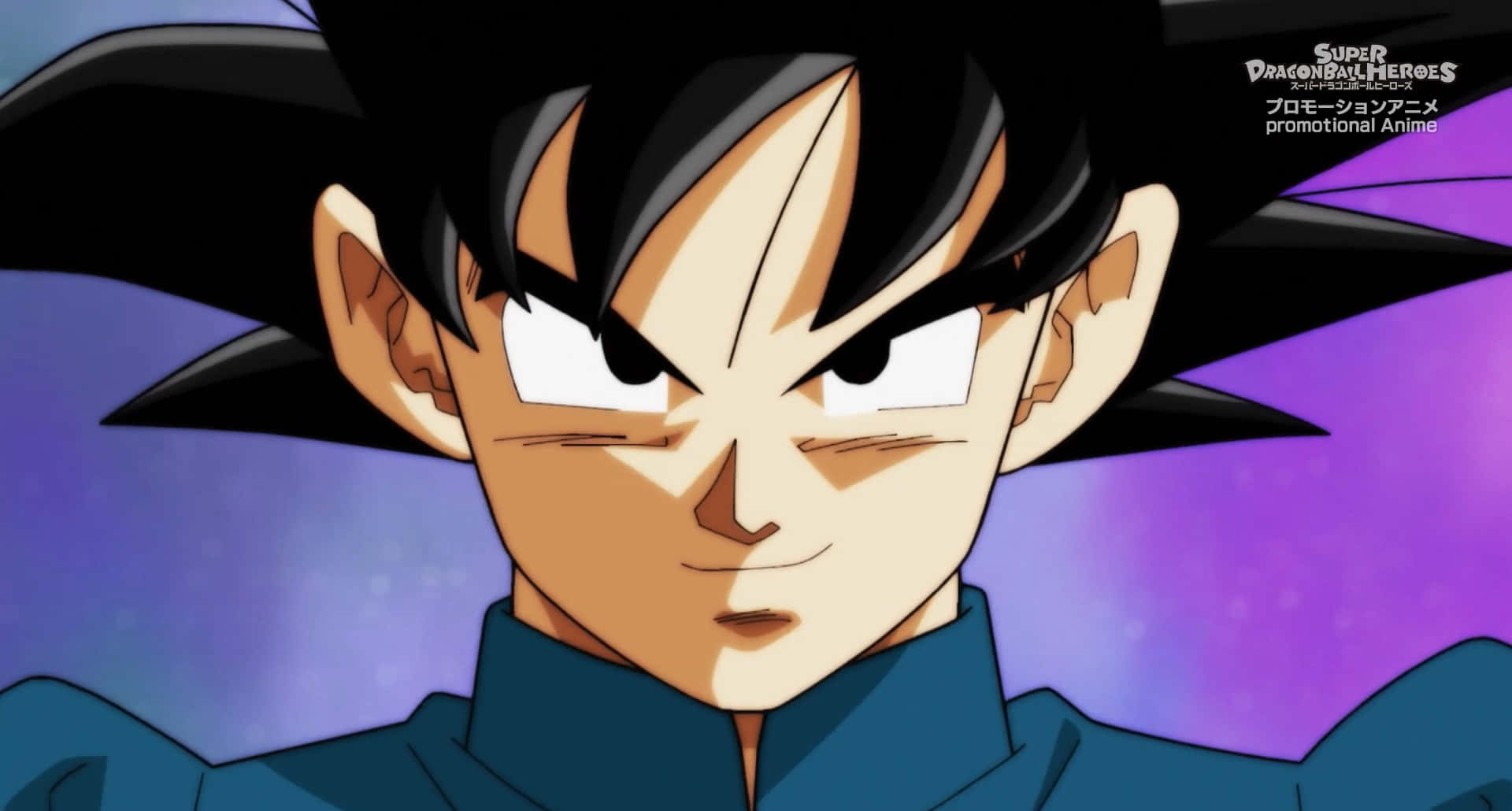 Dragon Ball Super Universe 6 桌布 壁紙 — 動漫角色悟空嘅特寫，有銳利嘅眼睛同豎起嘅黑髮，背景係紫色宇宙。