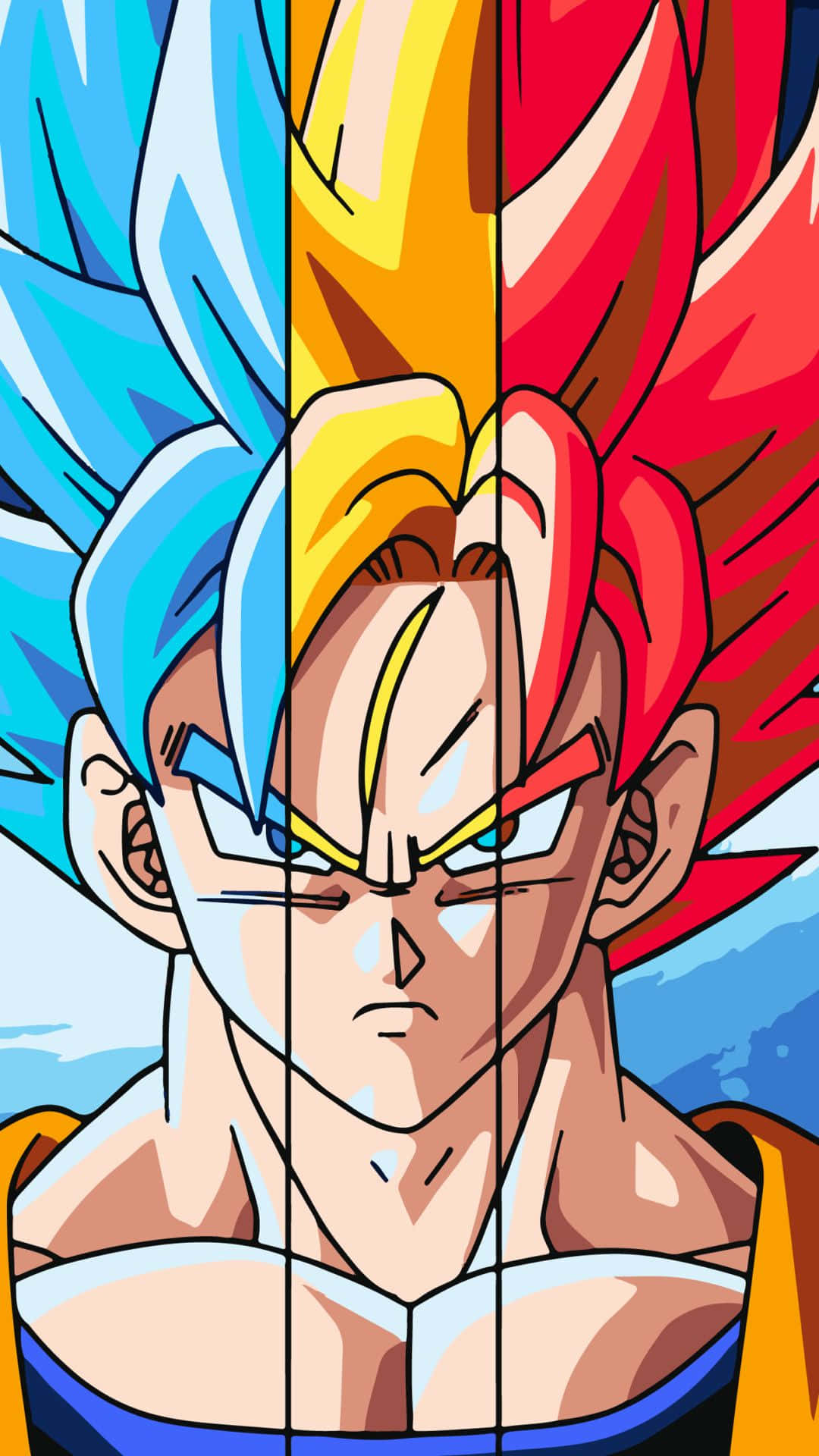 Dragon Ball iPhone 桌布 壁紙 — 動漫角色悟空垂直分割成藍色、黃色和紅色的超級賽亞人形態，表情強烈。