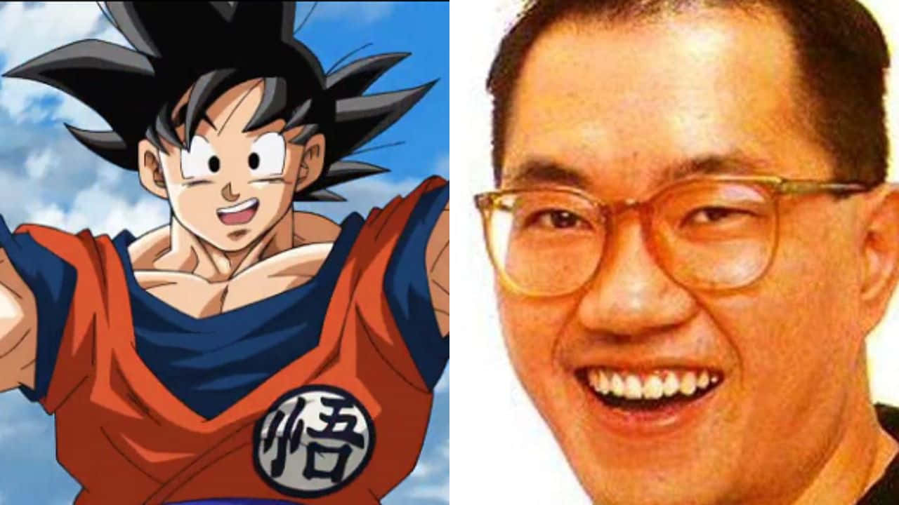 Akira Toriyama 桌布 壁紙 — 動漫角色悟空與真實人物鳥山明並排微笑的肖像。