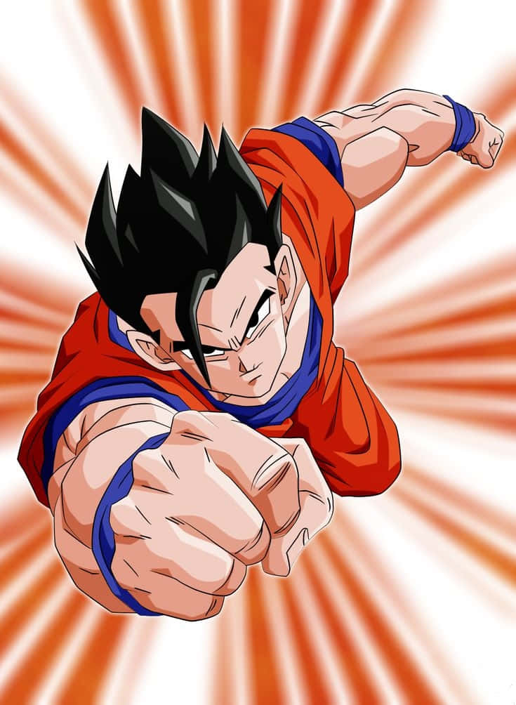Mystic Gohan 桌布 壁紙 — 動漫角色悟空身穿橙色道服，在放射狀的橙色和白色背景前，以強烈的表情向前出拳。