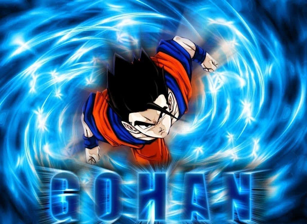 Mystic Gohan 桌布 壁紙 — 動漫角色悟飯在旋轉的藍色能量光環中提升力量，他的名字在下方發光。