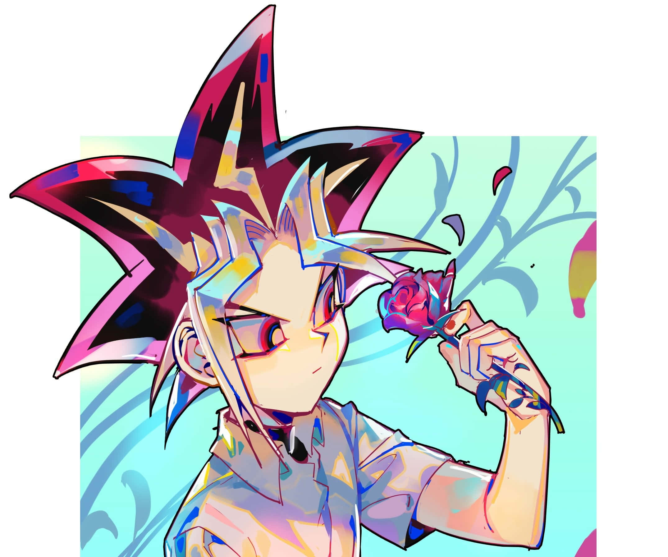 Yugi Muto 桌布 壁紙 — 動漫角色擁有尖刺多色頭髮，在淺藍色花卉背景前手持一朵粉紅玫瑰。