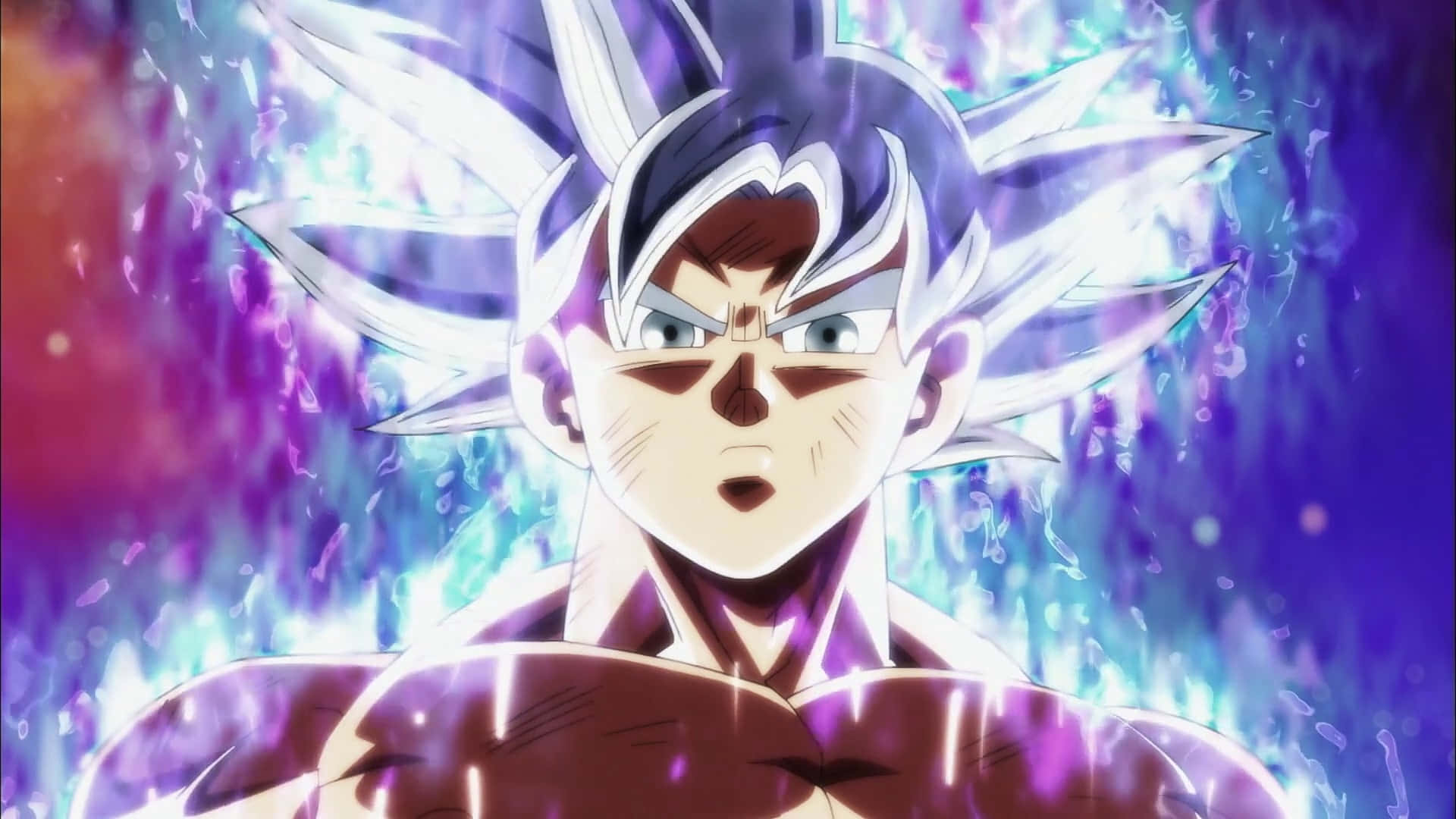 Mui Goku 桌布 壁紙 — 動漫角色擁有尖刺白髮和發光光環，在充滿活力的紫色和藍色能量背景中散發出強烈的力量。