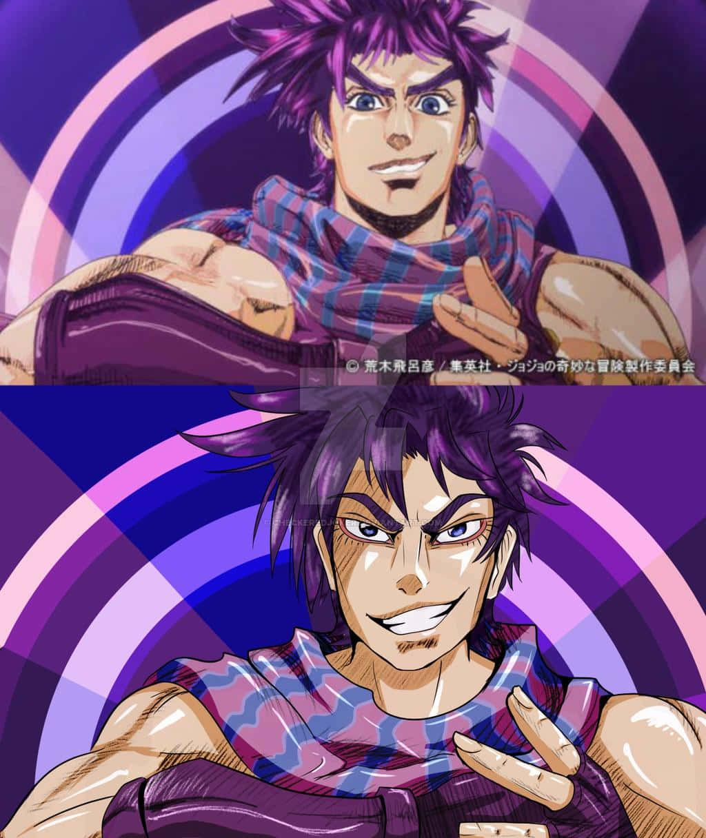 Jonathan Joestar 桌布 壁紙 — 動漫角色擁有尖刺紫色頭髮和銳利眼神，在旋轉的紫色和粉紅色圓形背景前自信地擺姿勢。