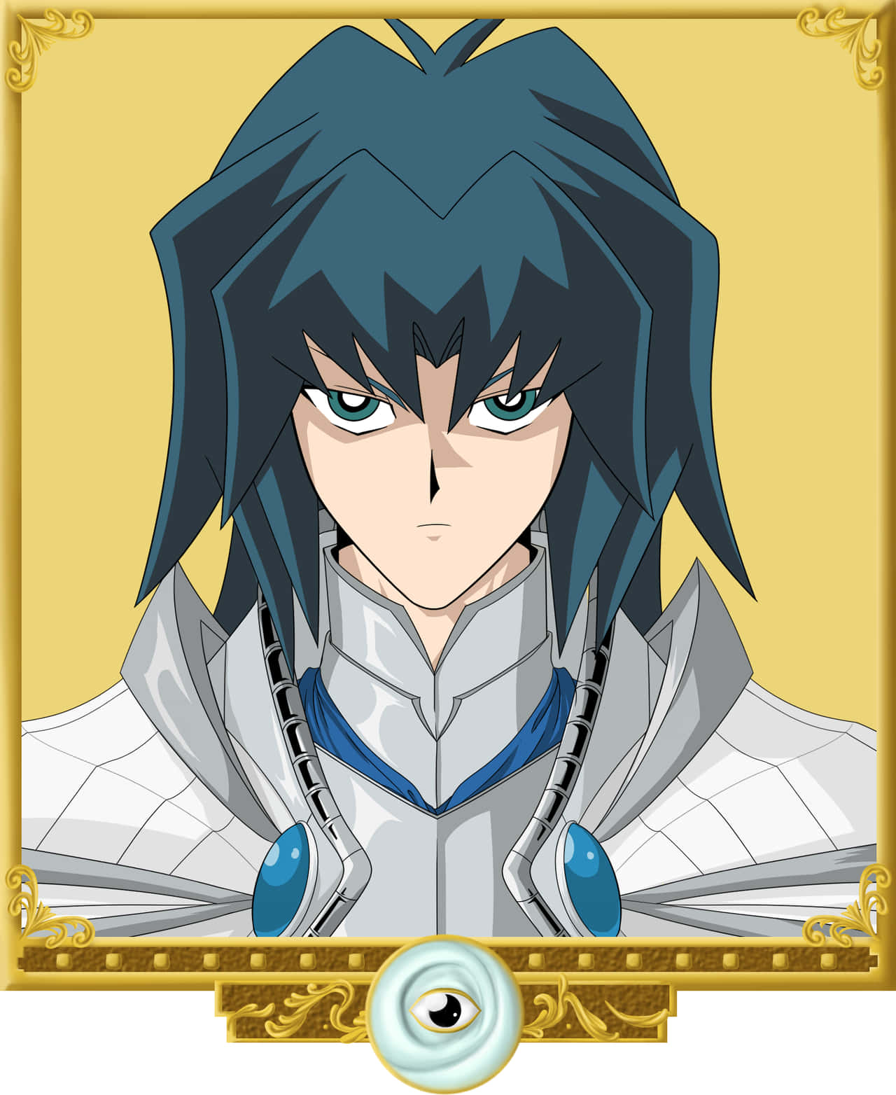 Zane Truesdale 桌布 壁紙 — 動漫角色擁有尖刺藍色頭髮和綠色眼睛，穿著帶有藍色點綴的銀色盔甲，背景是金色華麗框架。