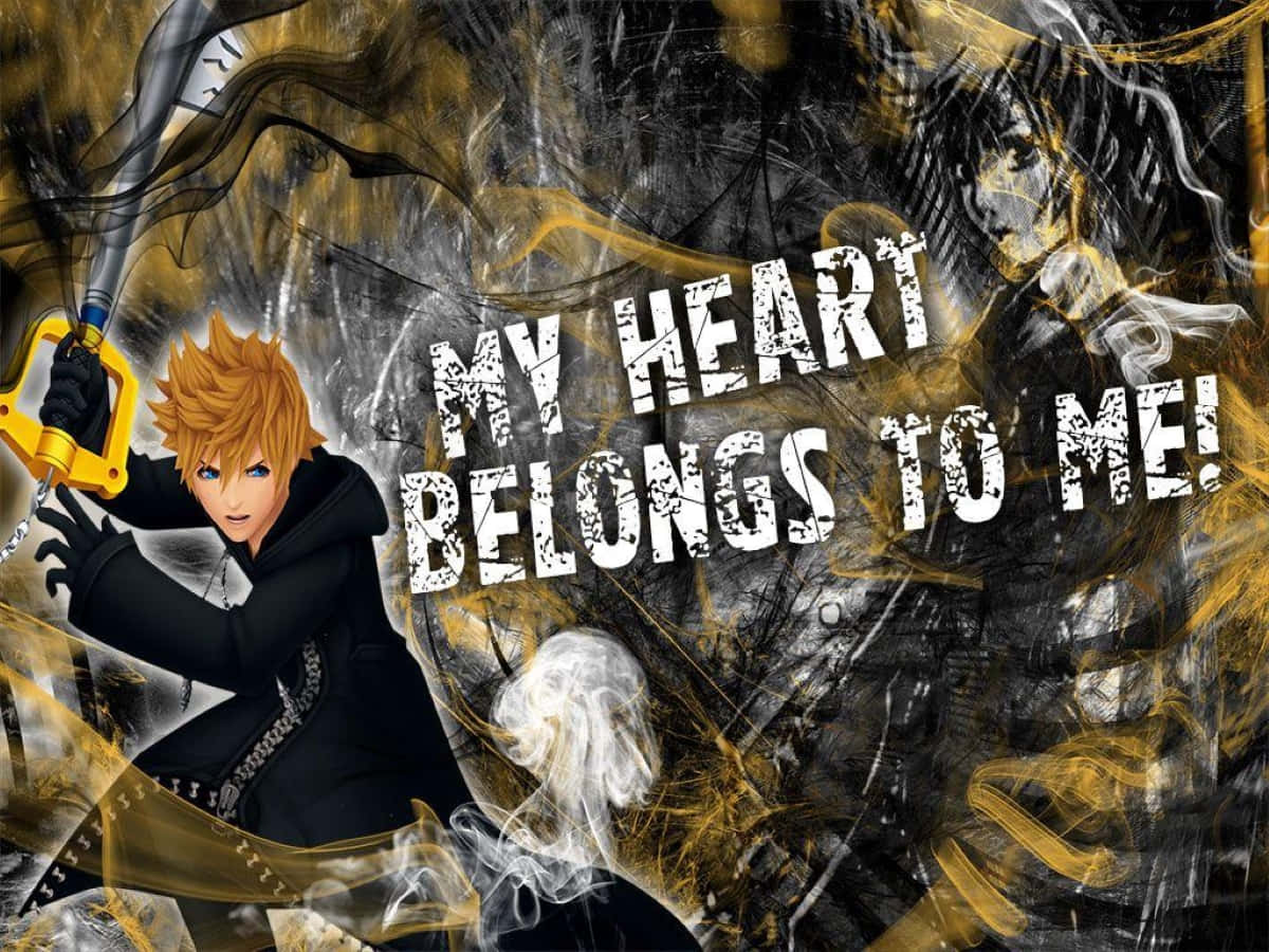 Kingdom Hearts Ventus 桌布 壁紙 — 動漫角色擁有尖刺金髮，在旋轉的黑色和金色背景中揮舞鑰刃，粗體文字宣告'我的心屬於我！'