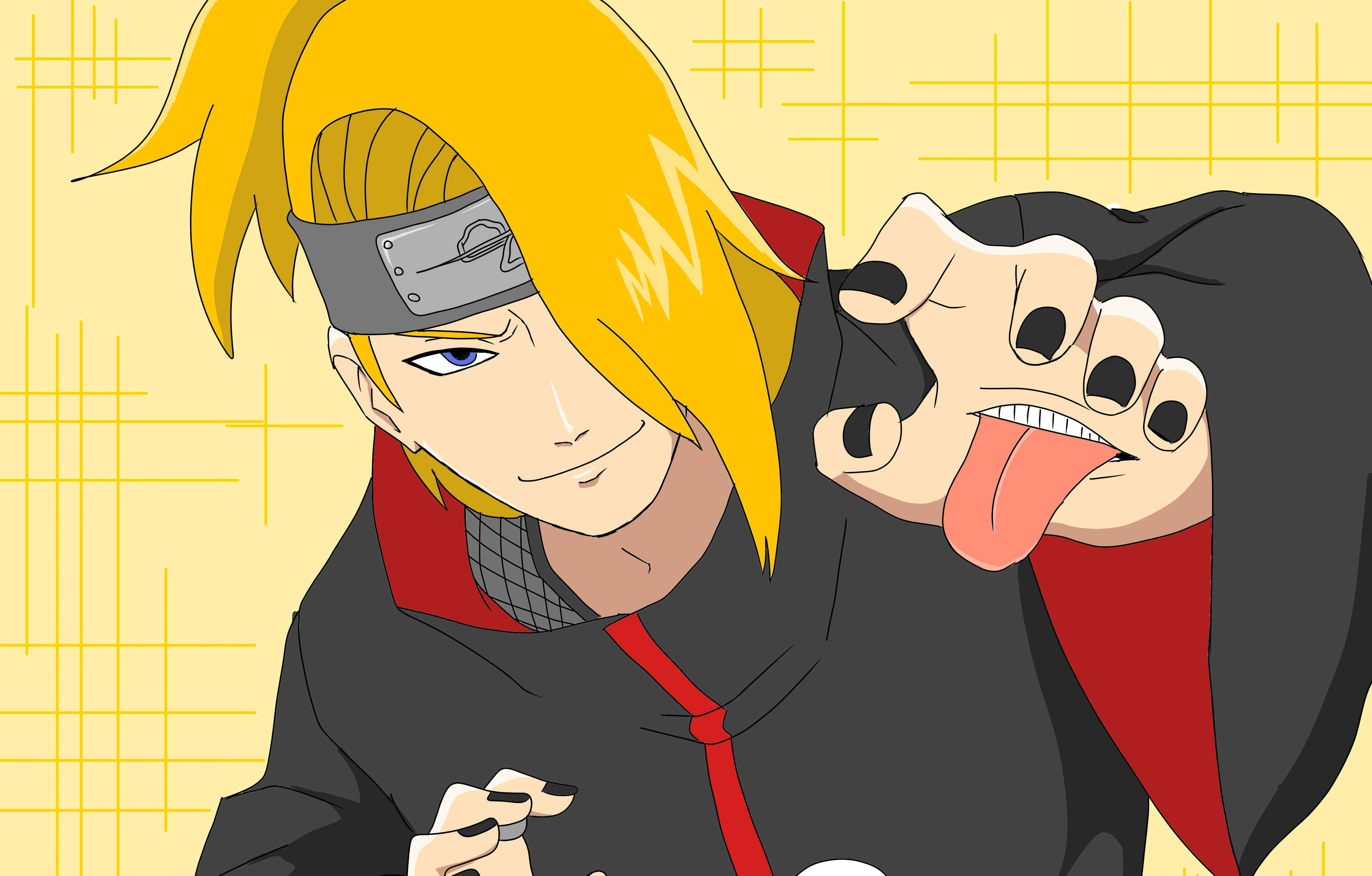Akatsuki X Deidara 桌布 壁紙 — 動漫角色擁有尖刺金髮和頭帶，眨眼，同時一隻帶黑色指甲的頑皮手伸出舌頭。