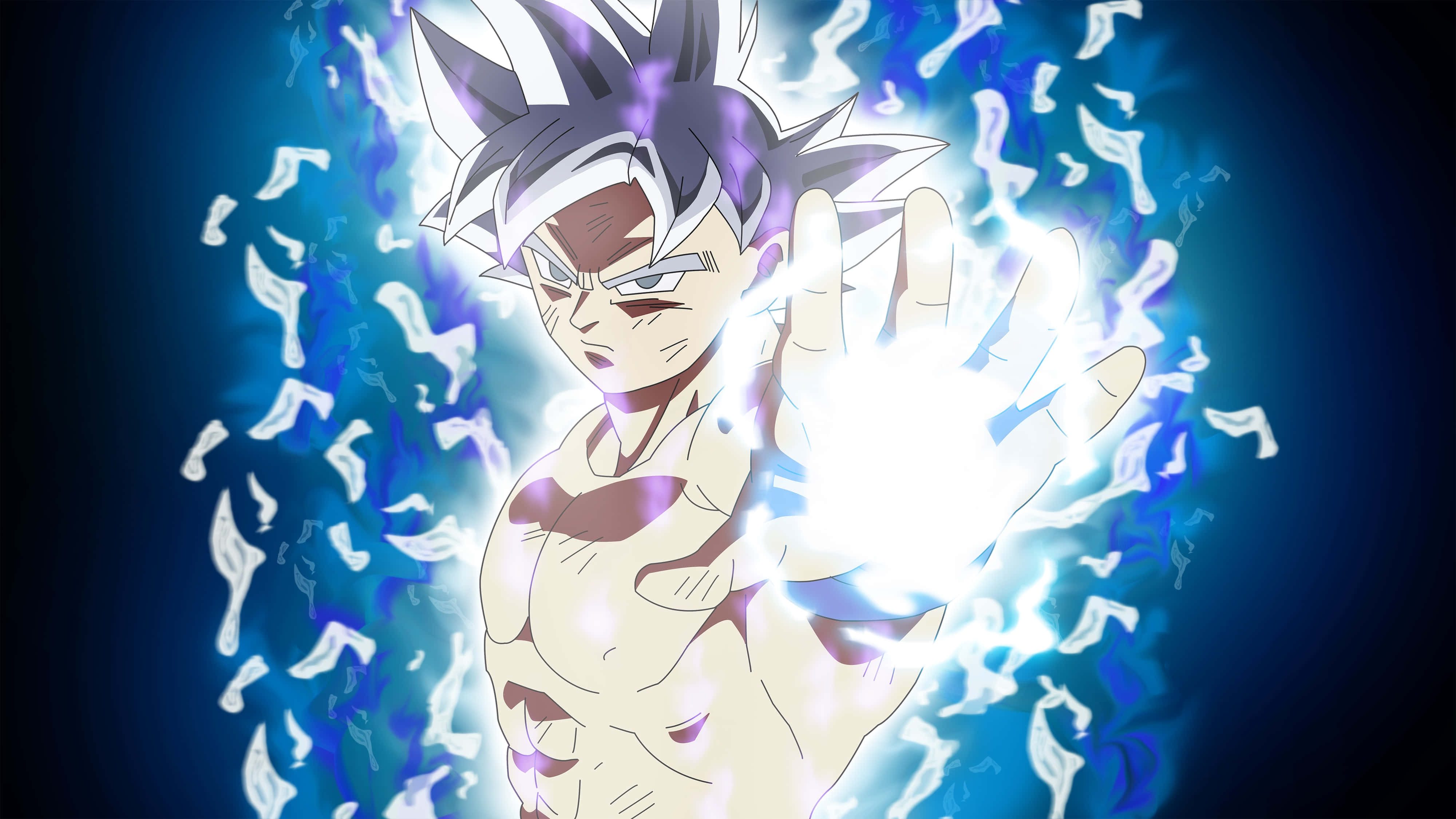 Mui Goku 桌布 壁紙 — 動漫角色擁有尖刺頭髮，在黑暗背景下將發光的藍色能量引導到強大的手掌衝擊波中。