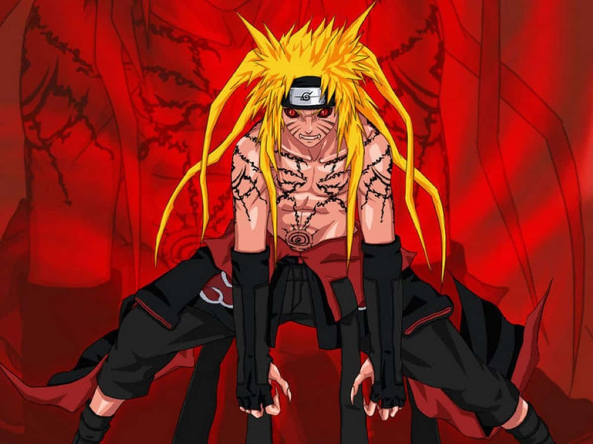 Akatsuki Naruto Shippuden 桌布 壁紙 — 動漫角色擁有尖刺黃色頭髮和紅色眼睛，在血紅色背景前威脅性地蹲伏。