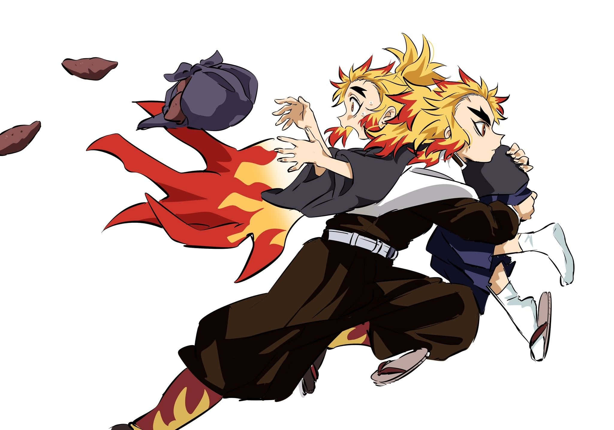 Senjuro Rengoku 桌布 壁紙 — 動漫角色擁有火焰般的頭髮和紅色披風，在白色背景前以動態動作姿勢向前衝刺。