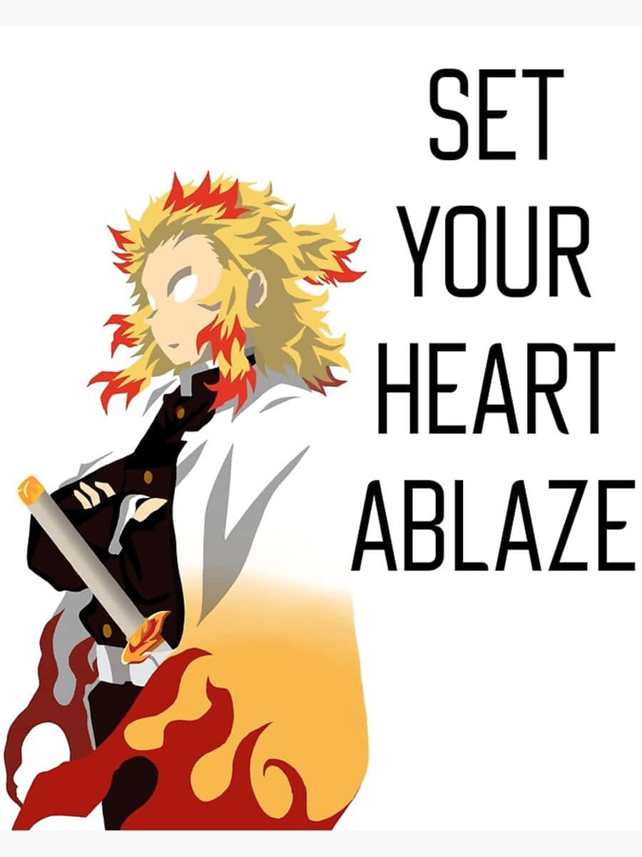 Rengoku Minimalist 桌布 壁紙 — 動漫角色擁有火焰般的頭髮和腳下的火焰，手持劍，旁邊有粗體文字寫著「點燃你的心」。