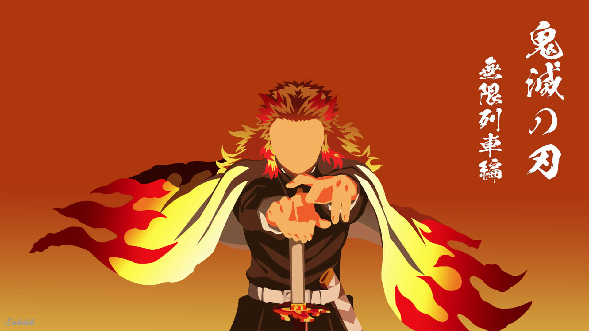 Rengoku Minimalist 桌布 壁紙 — 動漫角色擁有火紅頭髮和火焰圖案斗篷，在橙色漸變背景前向前指。