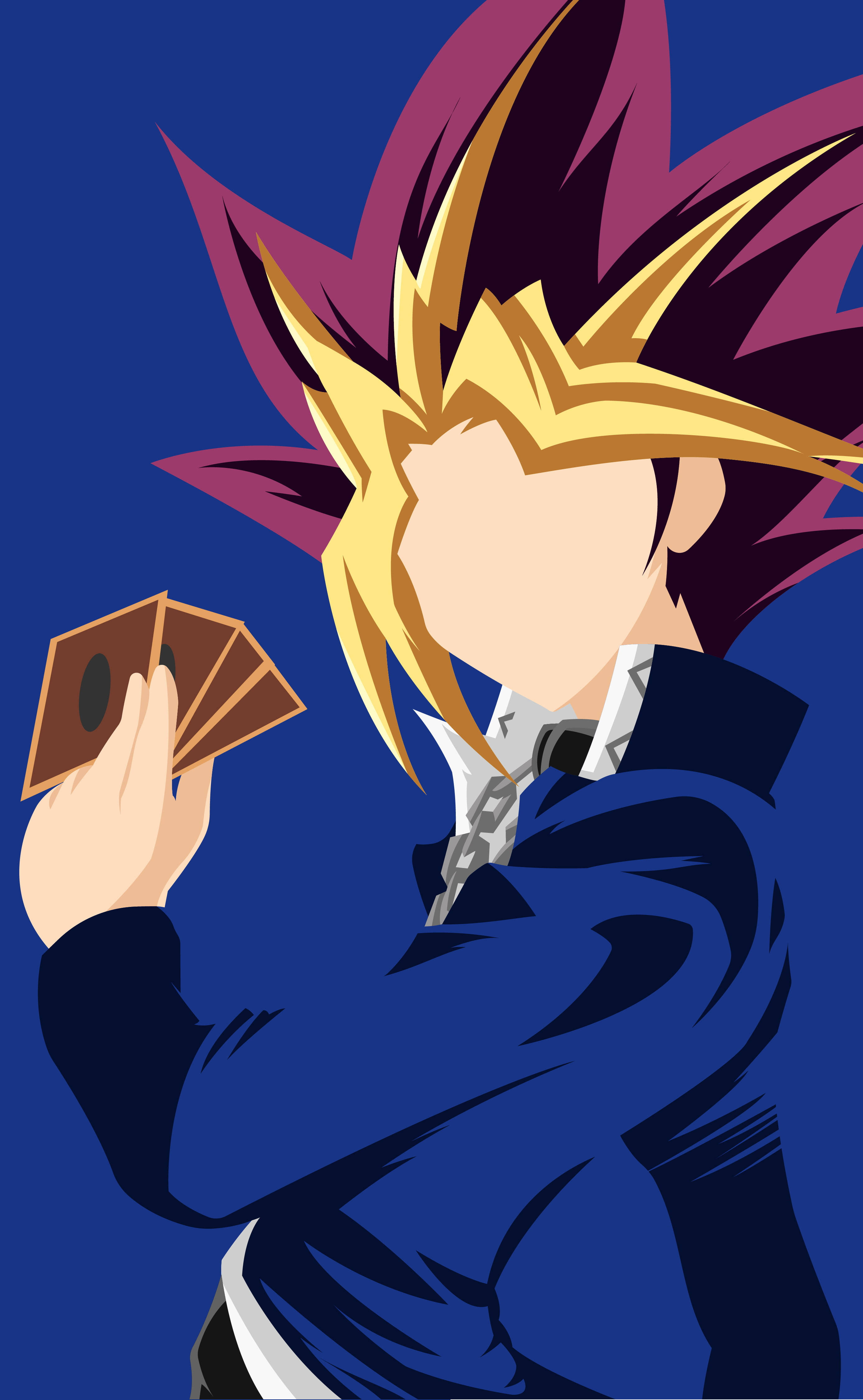 Yu Gi Oh 桌布 壁紙 — 動漫角色擁有黃色和紫色的尖刺頭髮，在純藍色背景前手持撲克牌。