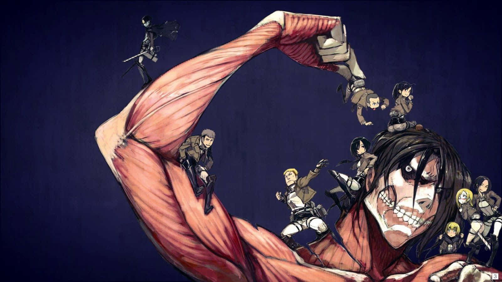 Ymir 桌布 壁紙 — 動漫角色攀爬在一個骷髏臉巨人的巨大肌肉手臂上，背景為深藍色。