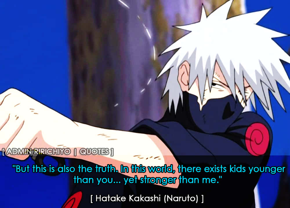 Kakashi Quotes 桌布 壁紙 — 動漫角色旗木卡卡西以動態姿勢呈現，白色刺蝟頭，戴著面具，背景為藍色。