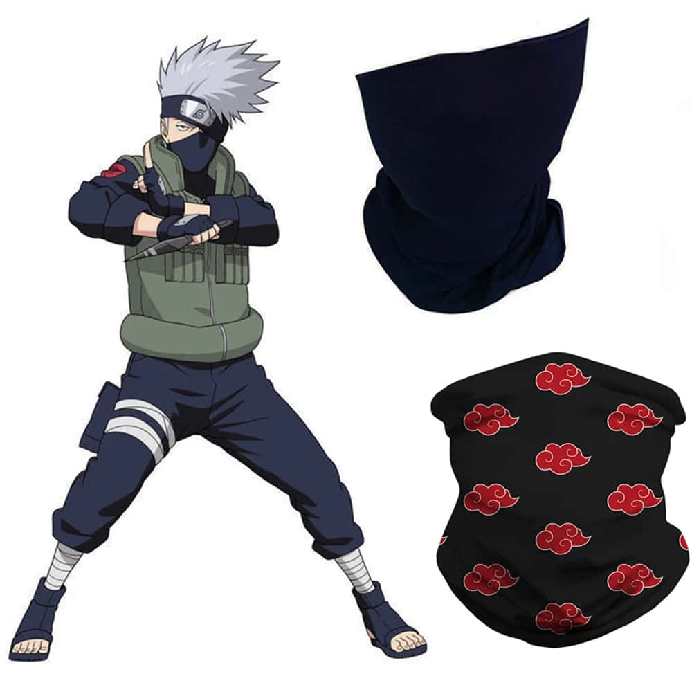 Akatsuki Kakashi 桌布 壁紙 — 動漫角色旗木卡卡西以戰鬥姿勢站在兩條黑色頭巾旁邊，一條素色，一條帶紅色雲紋。