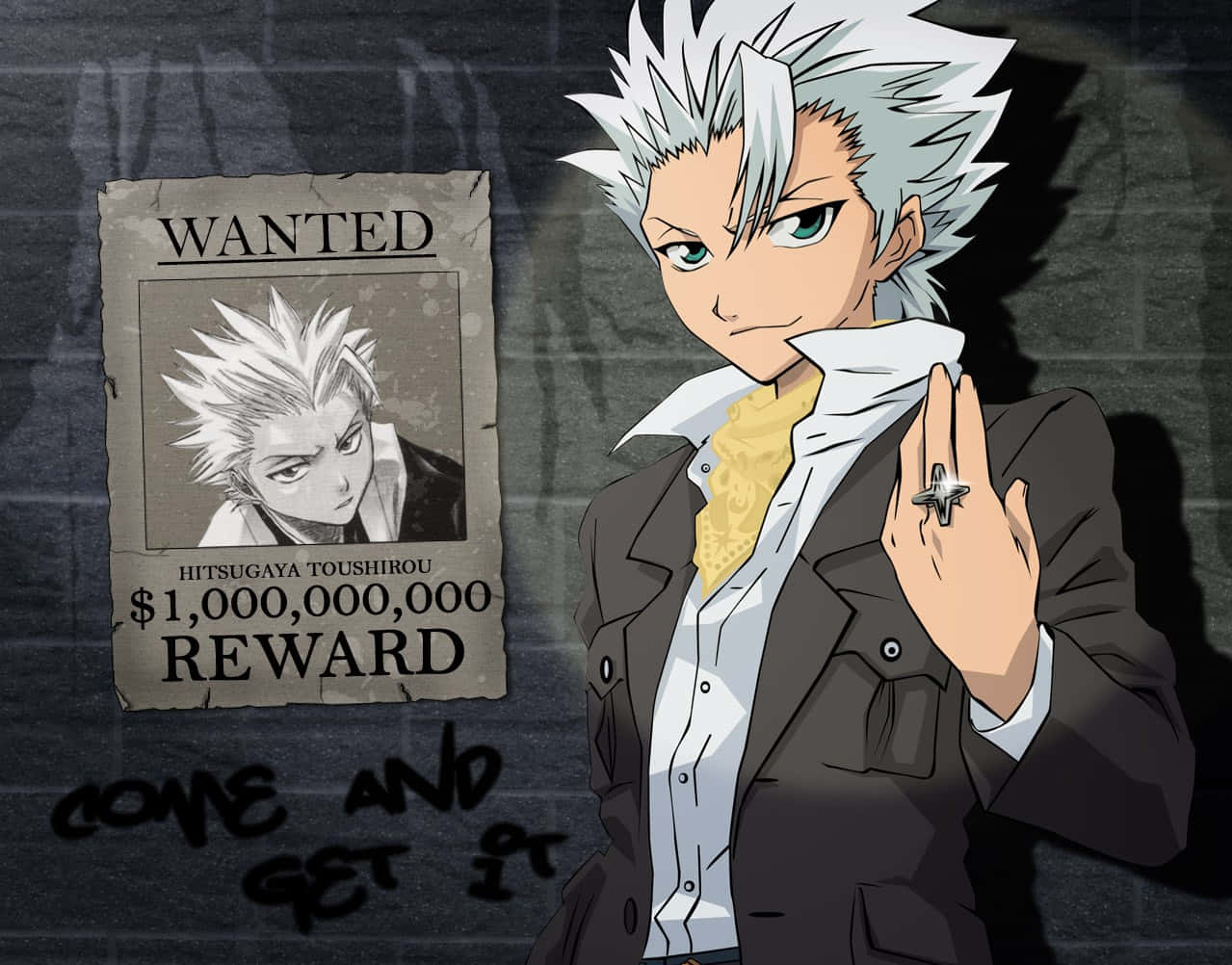 Toshiro Hitsugaya 桌布 壁紙 — 動漫角色日番谷冬獅郎自信地站在一張提供十億美元賞金的通緝海報旁邊，背景是粗糙的磚牆。