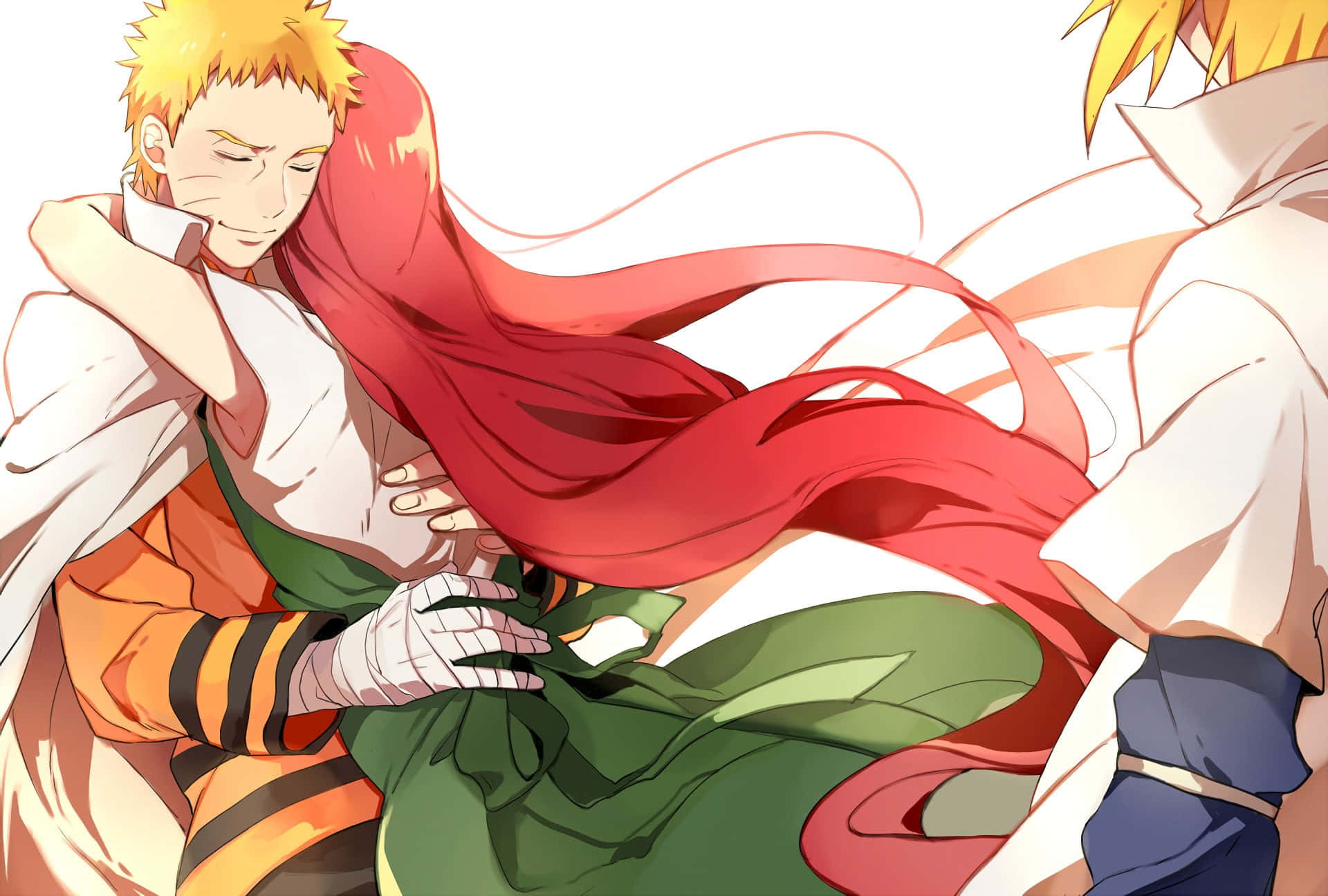 Kushina Uzumaki 桌布 壁紙 — 動漫角色有著刺刺的金色頭髮，在明亮的白色背景前擁抱著另一個有著飄逸紅髮的角色。