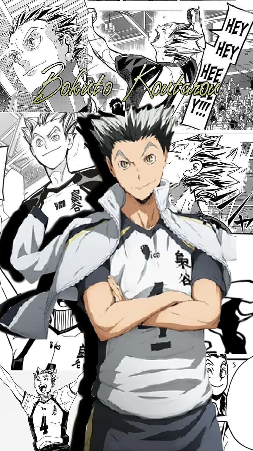 Haikyuu Fan Art 桌布 壁紙 — 動漫角色木兔光太郎自信地交叉雙臂，站在一個漫畫風格的動作場景拼貼中。