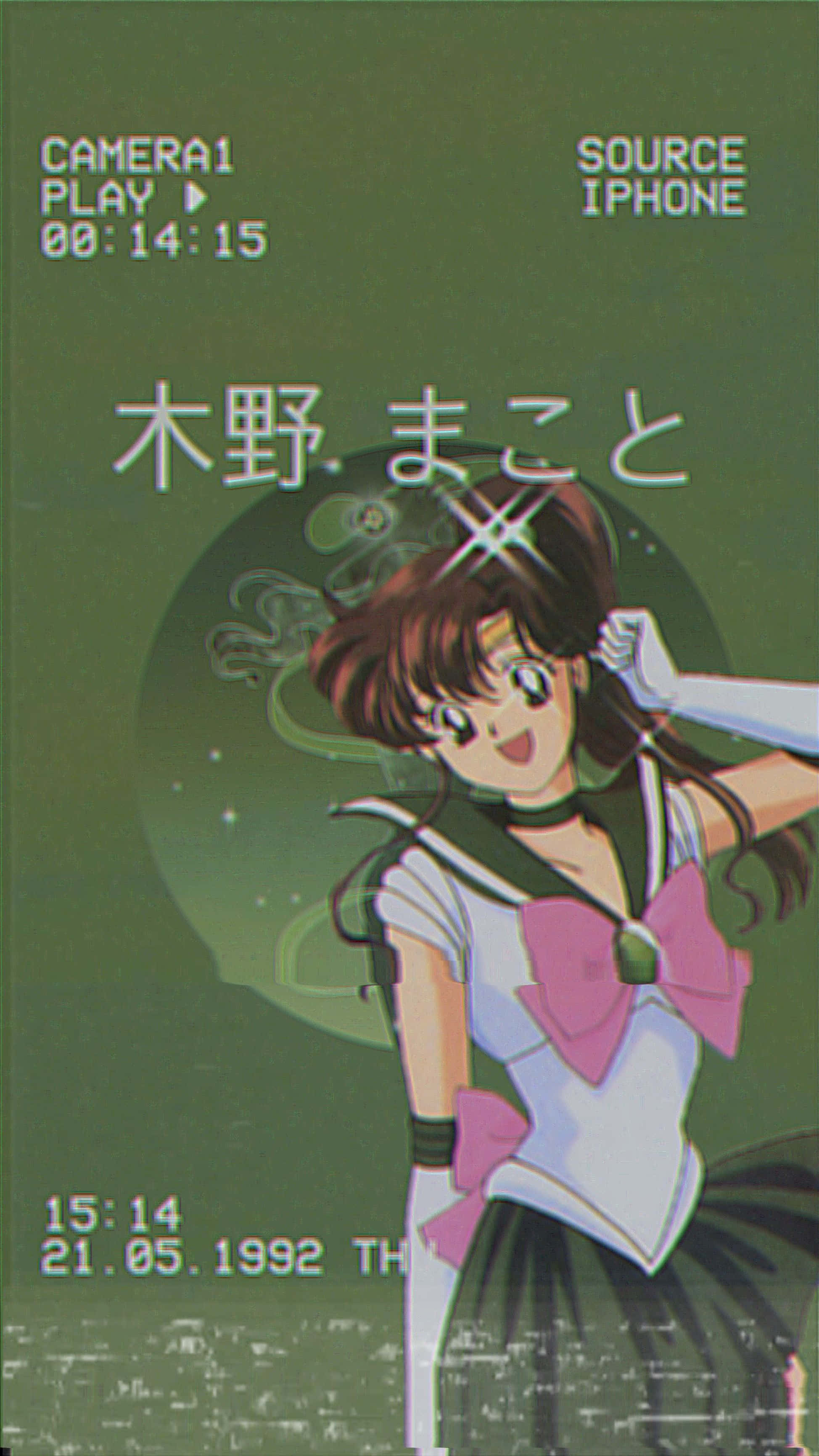sailor jupiter 桌布 壁紙 — 動漫角色木野真琴穿著水手服，在帶有數碼相機疊加層和日期印章的綠幕前微笑。