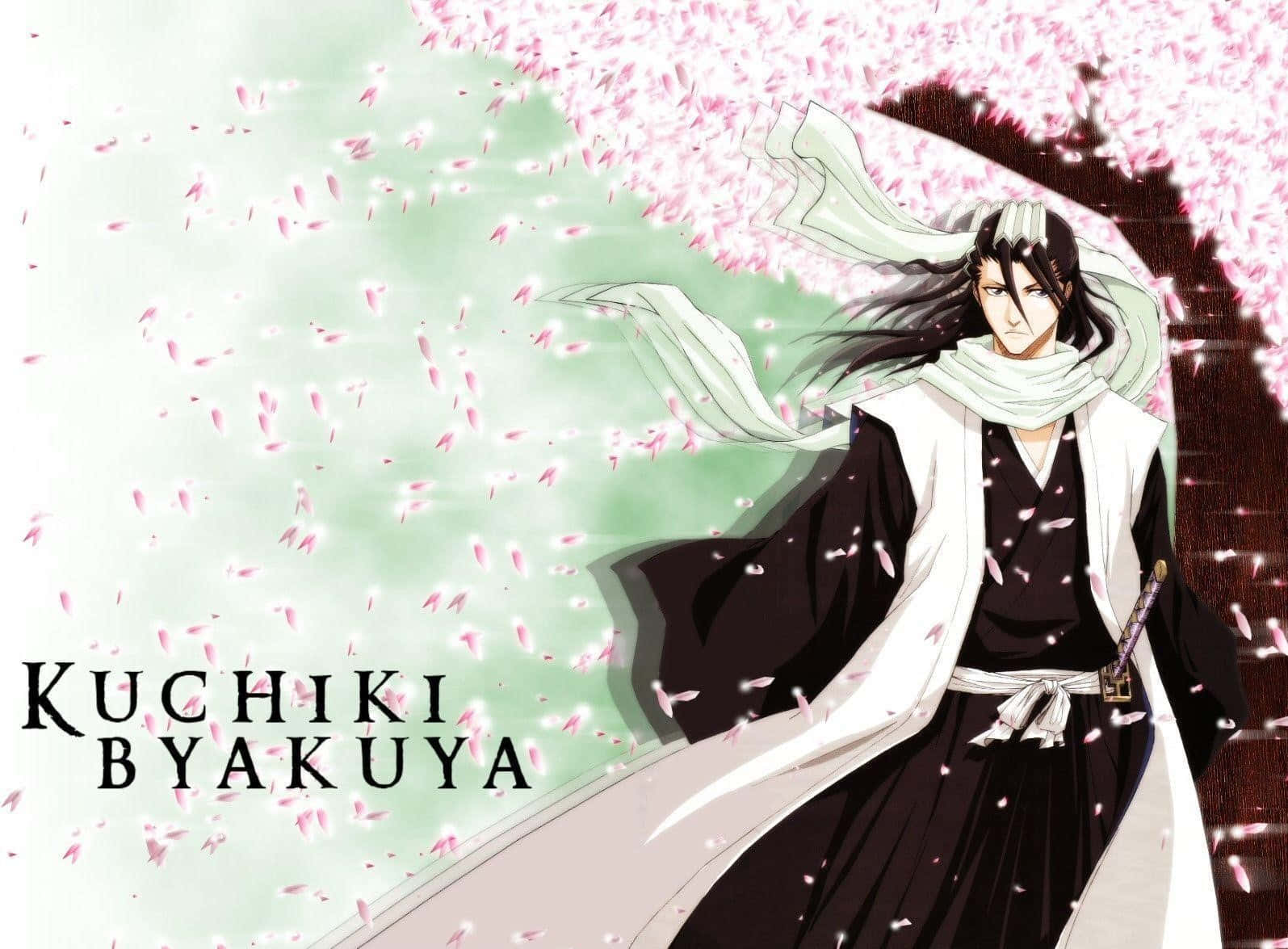 Byakuya Kuchiki 桌布 壁紙 — 動漫角色朽木白哉站在櫻花樹下，粉紅花瓣在柔和的綠色天空中飄舞。