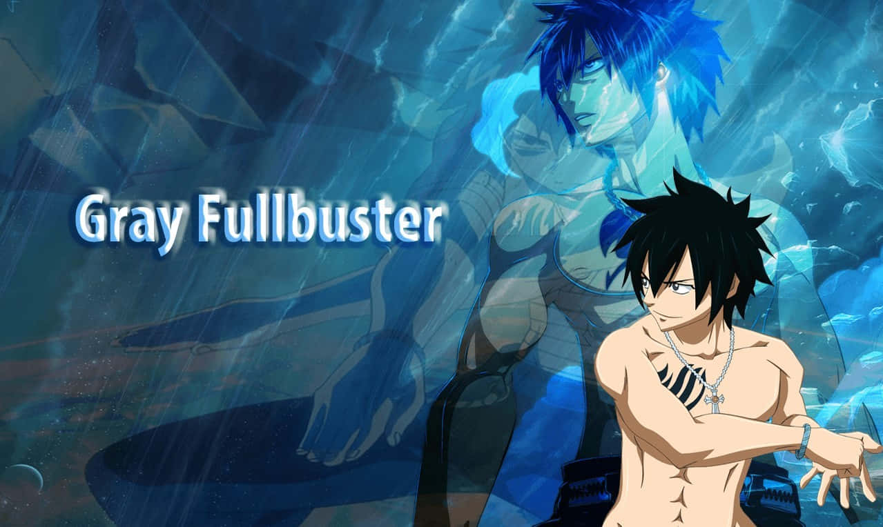 Gray Fullbuster 桌布 壁紙 — 動漫角色格雷·佛爾帕斯塔站在前景，身後有一個藍色頭髮的半透明幽靈版本，背景是冰冷的藍色。