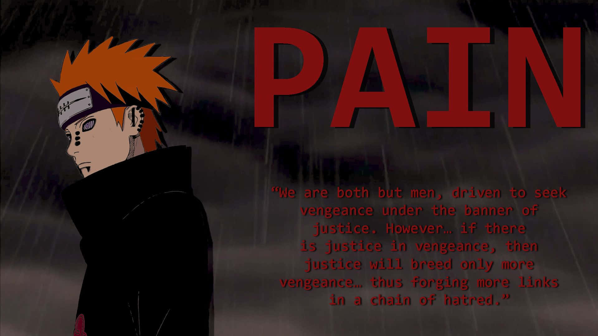 Akatsuki Pain 桌布 壁紙 — 動漫角色橙色刺蝟頭在雨中站立，上方有粗體紅色「PAIN」文字及引文疊加。