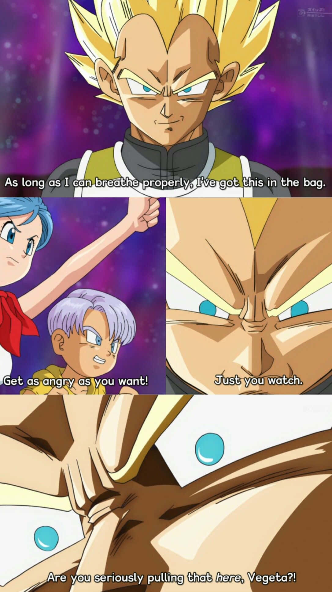 Vegeta's Family 桌布 壁紙 — 動漫角色比達（Vegeta）擁有尖刺金髮和銳利眼神，向下凝視，周圍是漫畫格中的對話氣泡。