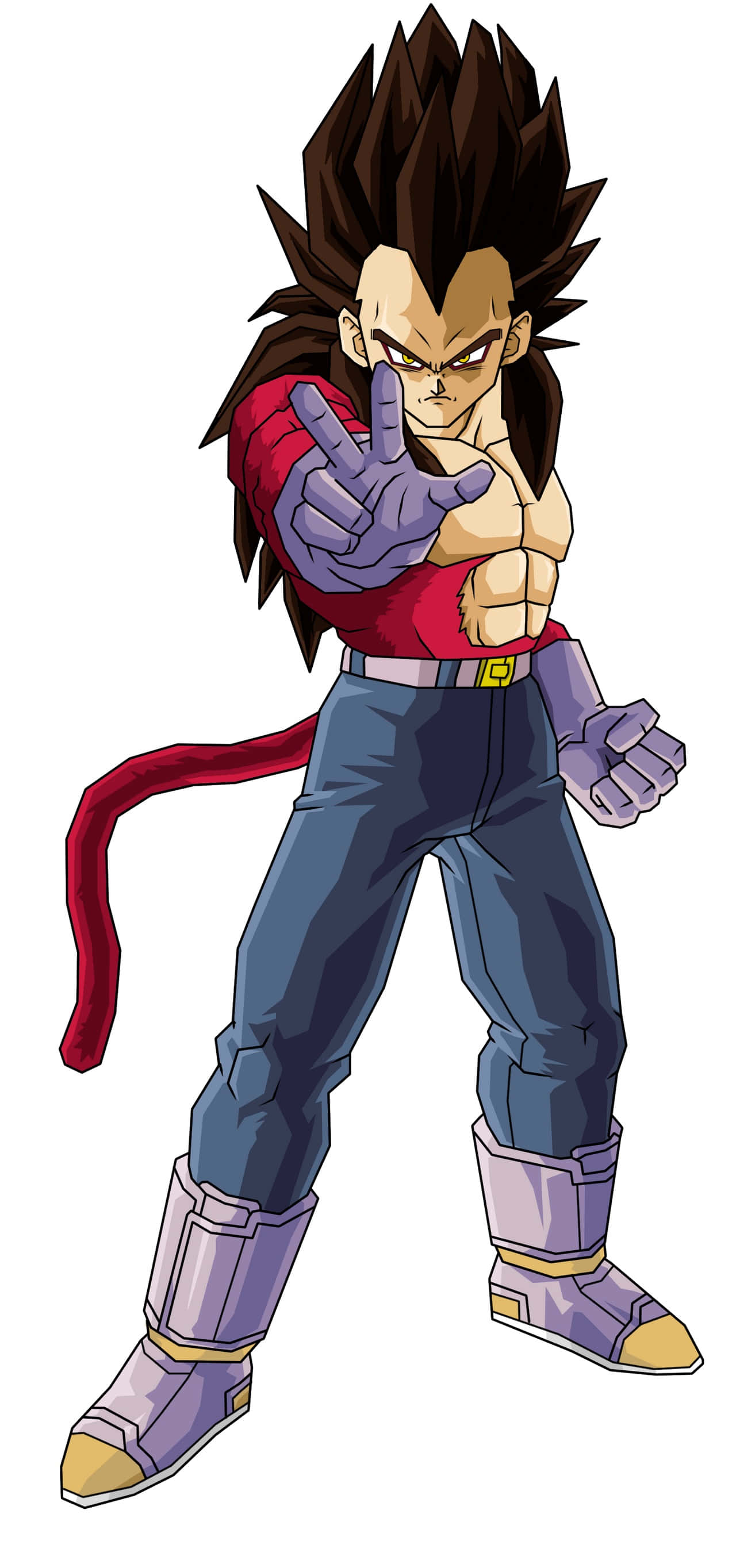 Vegeta Super Saiyan 4 桌布 壁紙 — 動漫角色比達以戰鬥姿勢出現，擁有尖刺頭髮和尾巴，身穿紅色上衣、藍色褲子和紫色手套。