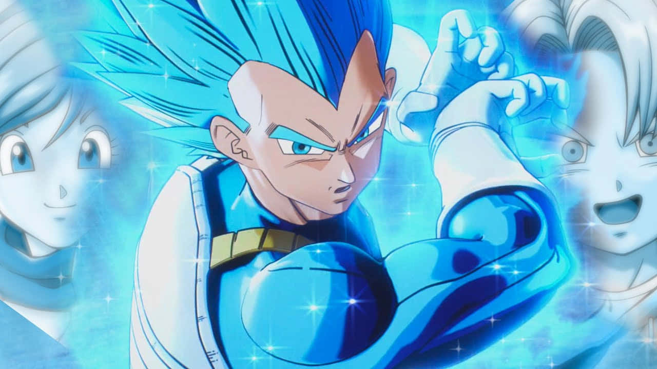 Vegeta Galick Gun 桌布 壁紙 — 動漫角色比達以藍色超級賽亞人形態，在閃爍的藍色能量背景中強力地展示肌肉，背景有幽靈般的面孔。