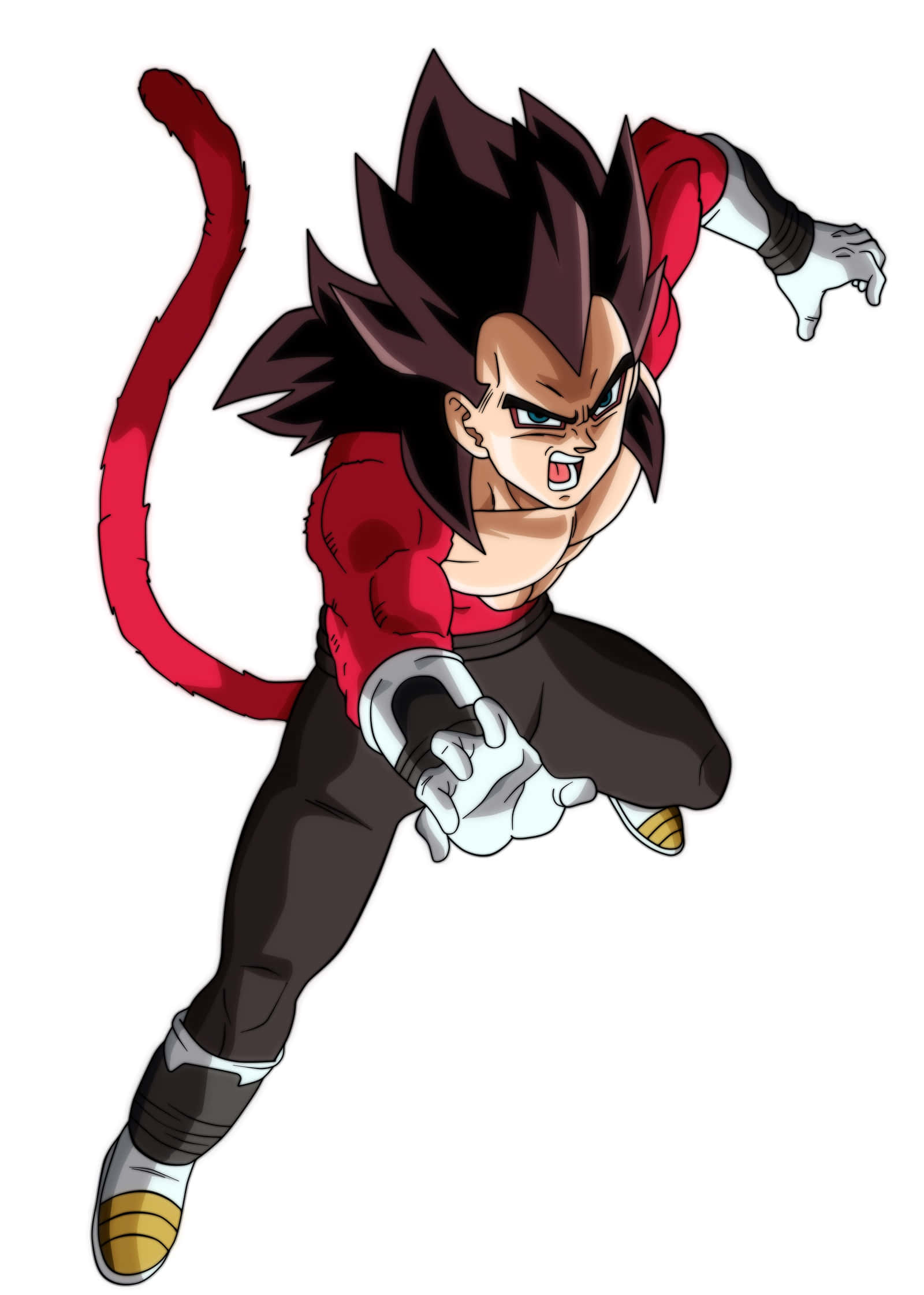 Vegeta Super Saiyan 4 桌布 壁紙 — 動漫角色比達以超級賽亞人桃紅形態向前猛衝，表情強烈，尾巴紅色。