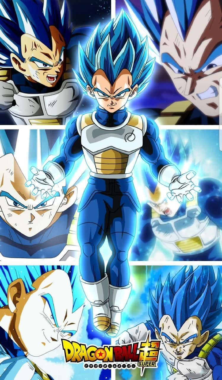 Vegeta Super Saiyan 桌布 壁紙 — 動漫角色比達以超級賽亞人藍形態在動態漫畫面板拼貼中散發力量。