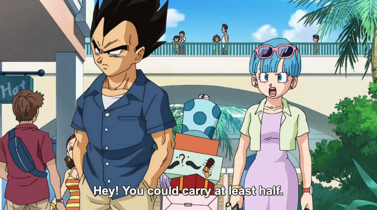 Vegeta's Family 桌布 壁紙 — 動漫角色比達和布瑪站在一個熱帶小鎮，背後有棕櫚樹和一座橋。