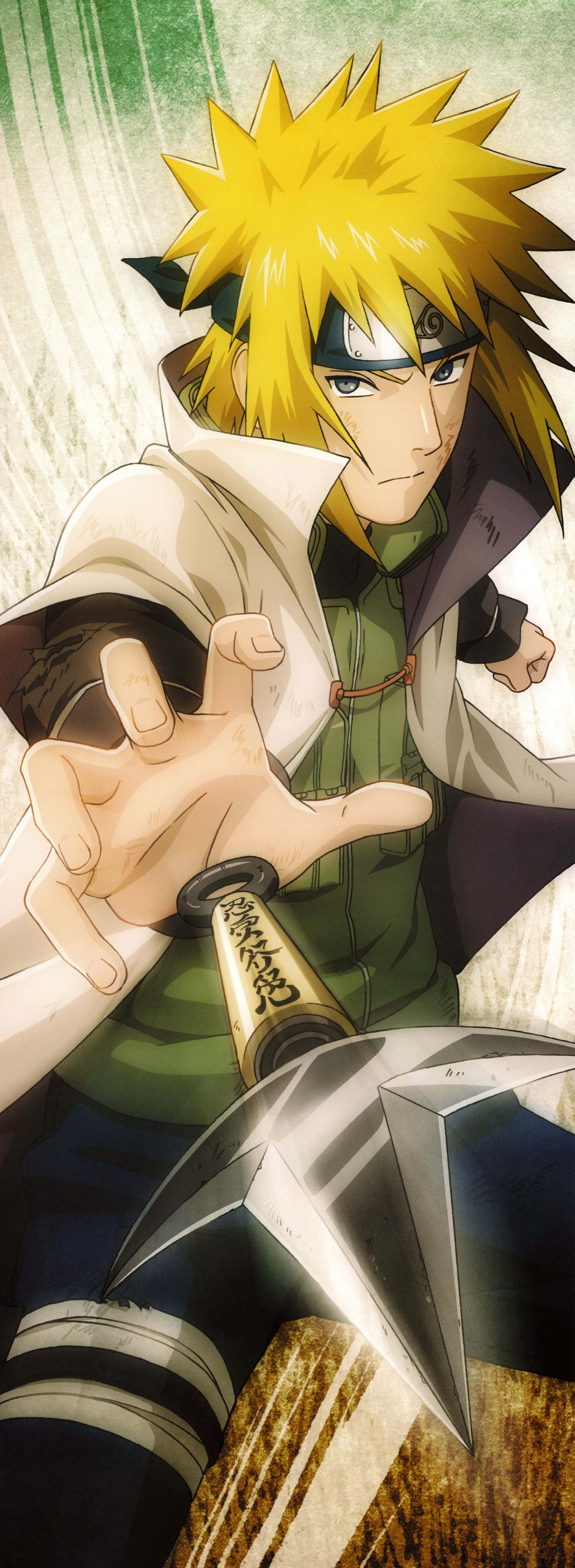 Fourth Hokage 桌布 壁紙 — 動漫角色漩渦鳴人以動態姿勢手持苦無，表情堅定，背景為動態模糊效果。