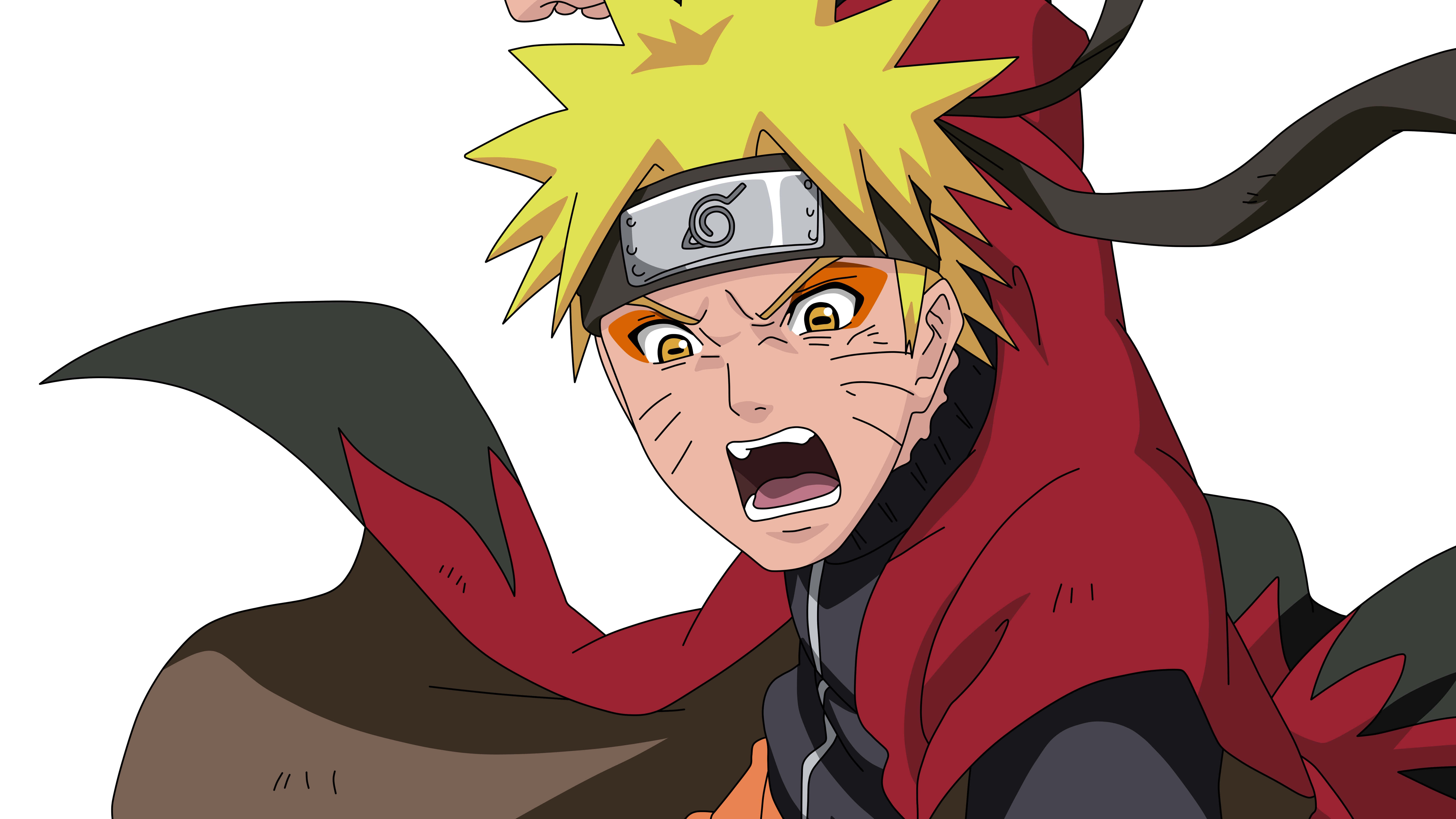 Naruto Sage Mode 桌布 壁紙 — 動漫角色漩渦鳴人以激烈的戰鬥姿勢，金色刺蝟頭和紅色斗篷，在白色背景前。