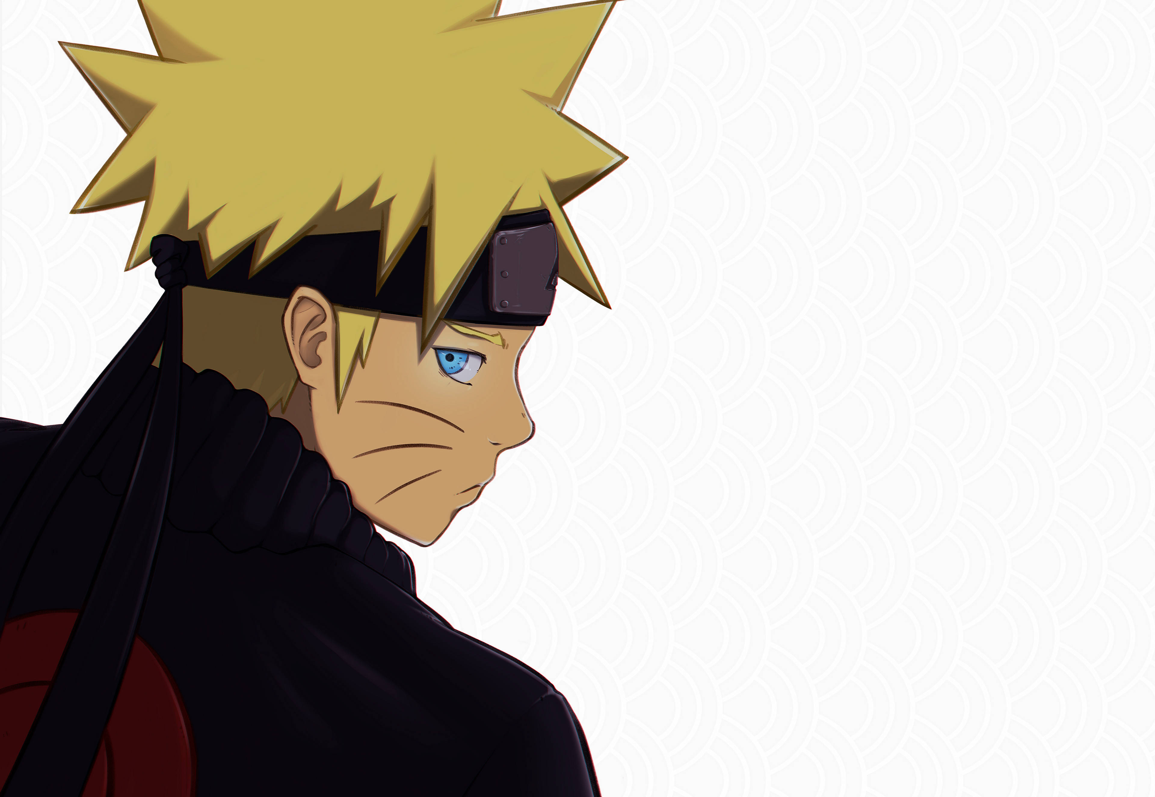 Sad Naruto 桌布 壁紙 — 動漫角色漩渦鳴人側面像，擁有尖刺金髮和藍色眼睛，背景為微妙的波浪圖案。