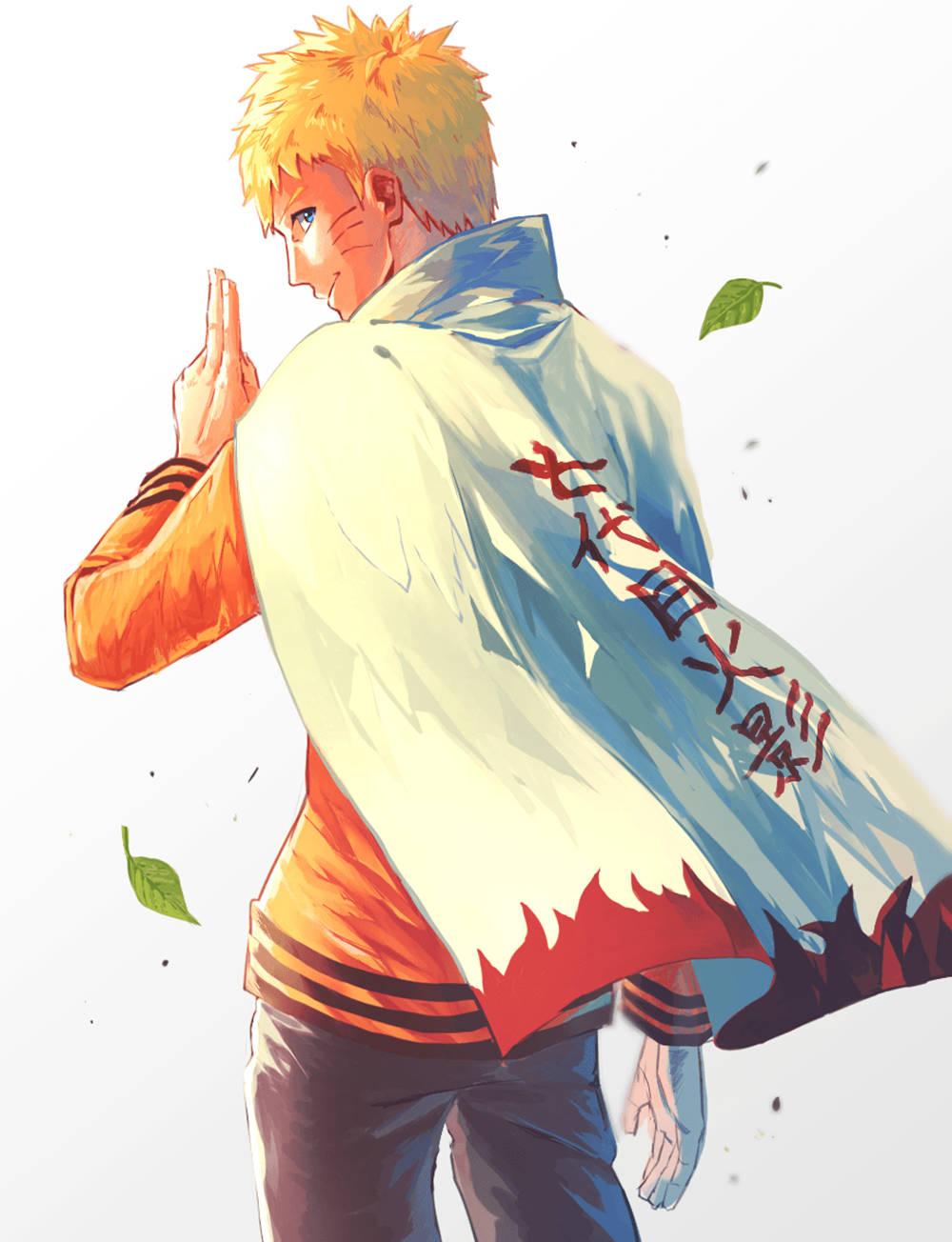 Naruto Anime 桌布 壁紙 — 動漫角色漩渦鳴人穿著橙色外套和帶有紅色漢字的藍色斗篷，雙手合十側身站立，樹葉在他周圍飄落。