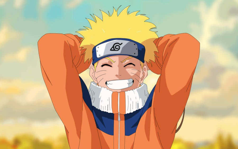 Funny Naruto 桌布 壁紙 — 動漫角色漩渦鳴人雙手放在腦後，在柔和天空背景下開懷大笑。