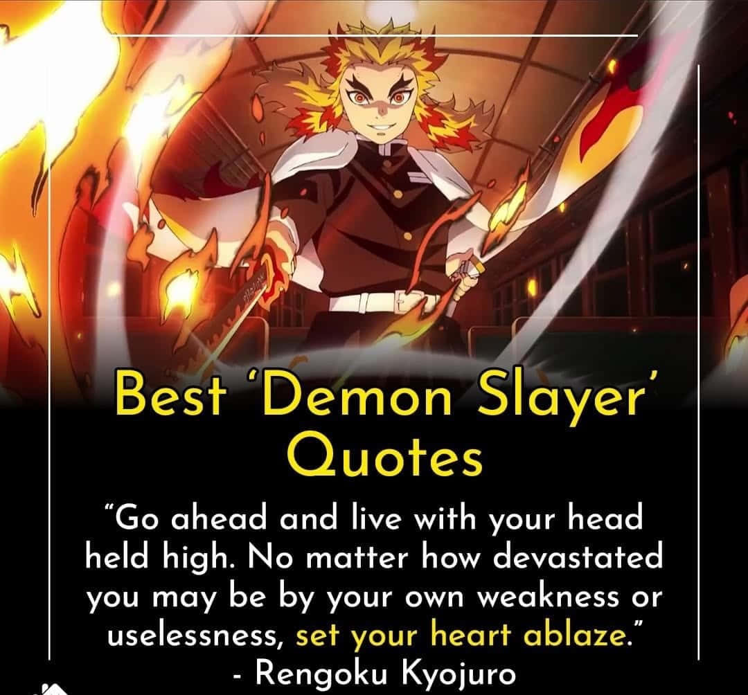 Rengoku Quotes 桌布 壁紙 — 動漫角色煉獄在動態戰鬥姿勢中揮舞著火焰劍，周圍有火焰能量旋轉。