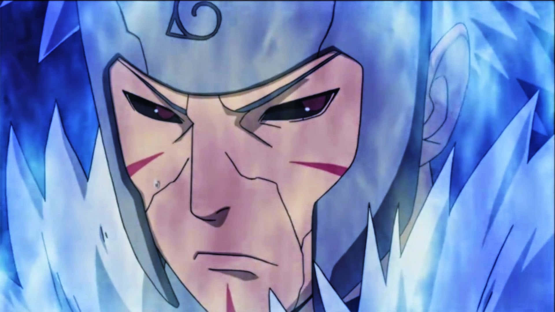 tobirama senju 桌布 壁紙 — 動漫角色特寫，擁有冰藍色頭髮和強烈的紅色眼睛，周圍環繞著鋸齒狀的冰晶。